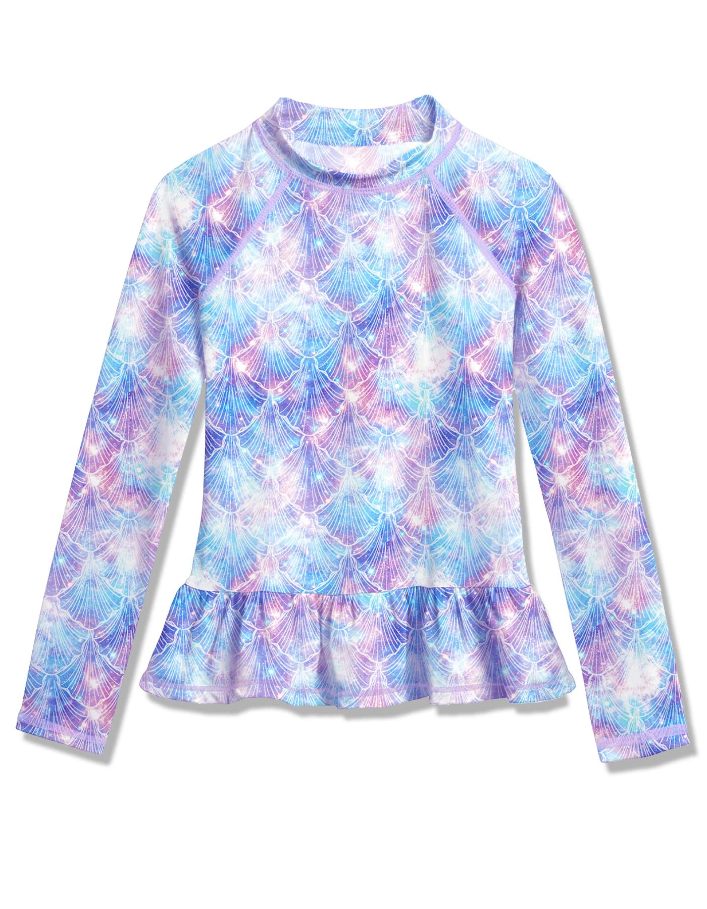 BesserBay Maillot de bain à manches longues et col rond pour fille UPF 50+ avec ourlet à volants 110-150