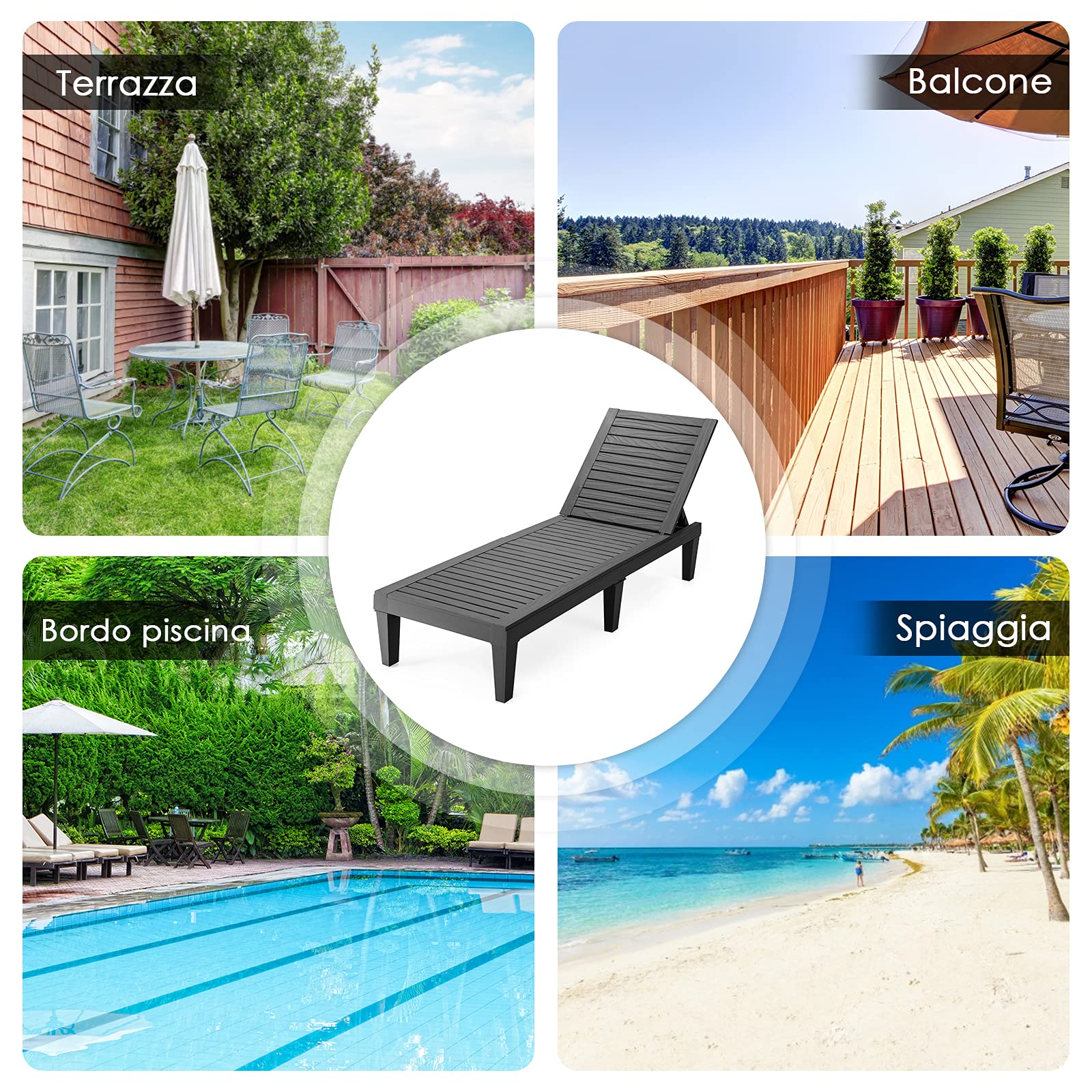 COSTWAY Lettino Prendisole da Giardino, Sdraio da Giardino Con Schienale Regolabile a 5 Livelli, Chaise Longue Impermeabili da Esterno, per Spiaggia Piscina Giardino, Portata 180 kg (1, Nero)