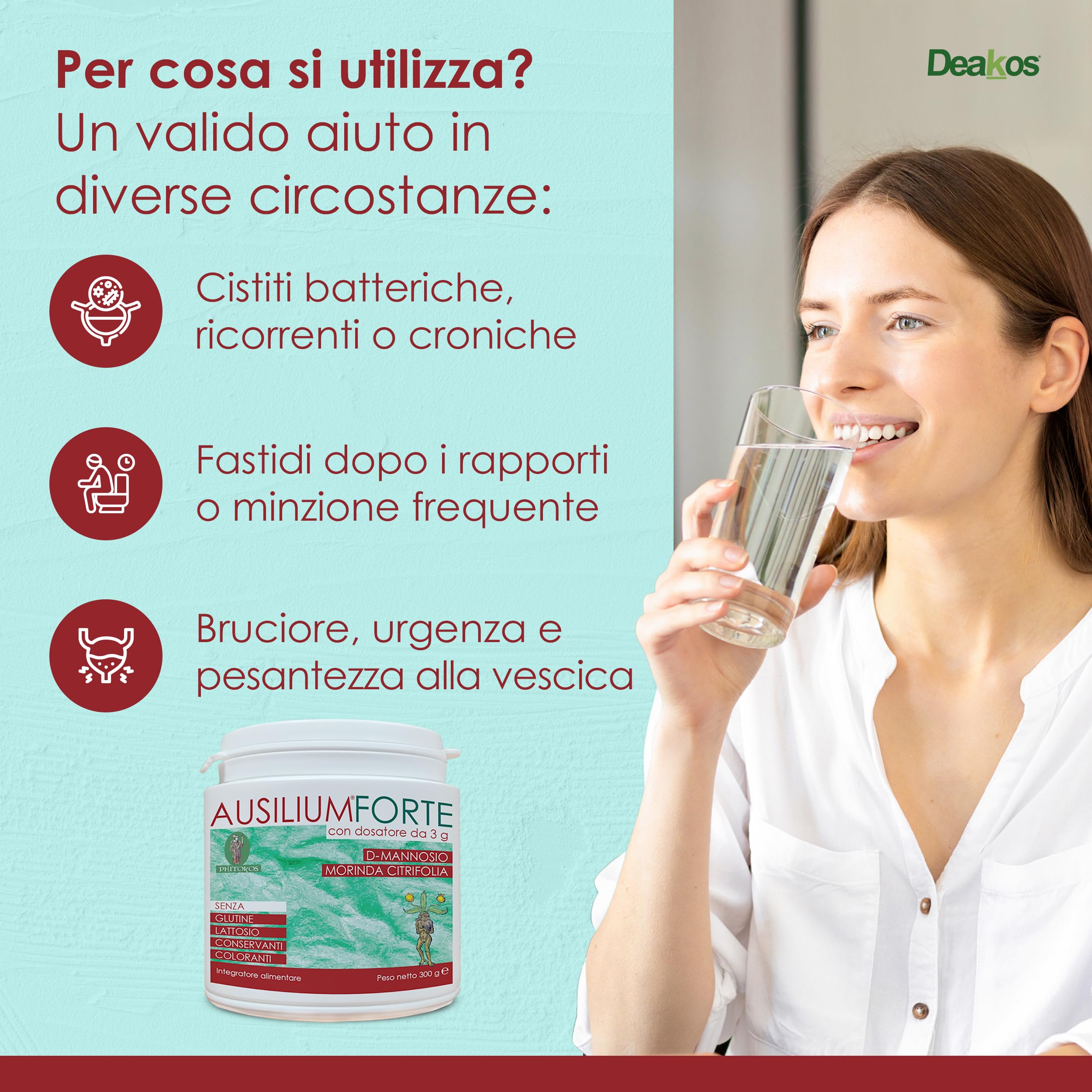 Deakos Ausilium Forte 300g - Integratore Cistite Donna e Benessere delle Vie Urinarie - In Polvere non Aromatizzato - A base di D Mannosio Puro eMorinda Citrifolia - Senza Glutine e Lattosio