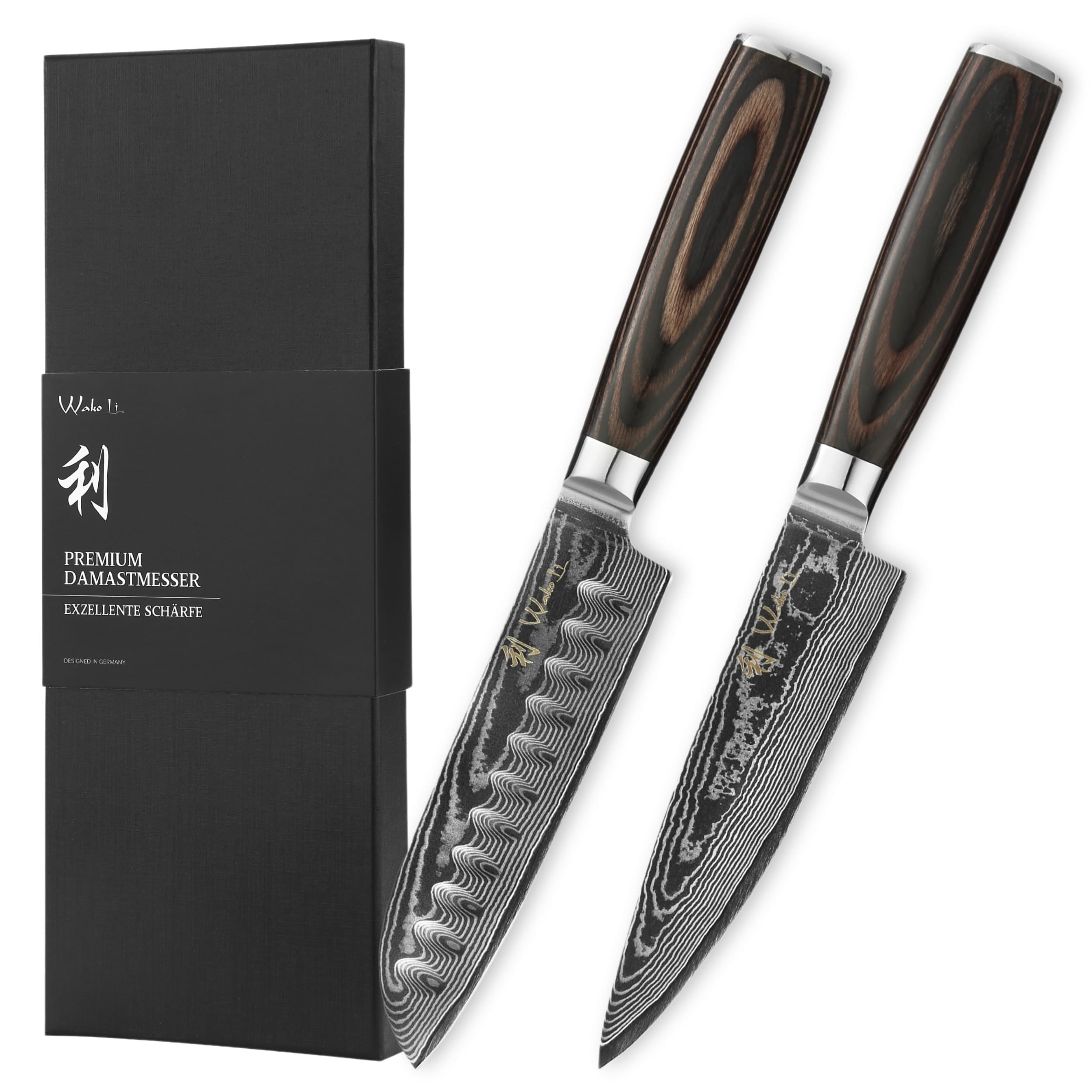 Wakoli EDIB Essentials 2-teiliges Messerset, Chefmesser, Santoku, VG10 Kern | 67 Lagen Damaststahl, kompakte 12 und 13 cm Klingen, Pakkaholzgriffe, Geschenkbox und Fingerschutz für feine Schneidarbeiten.