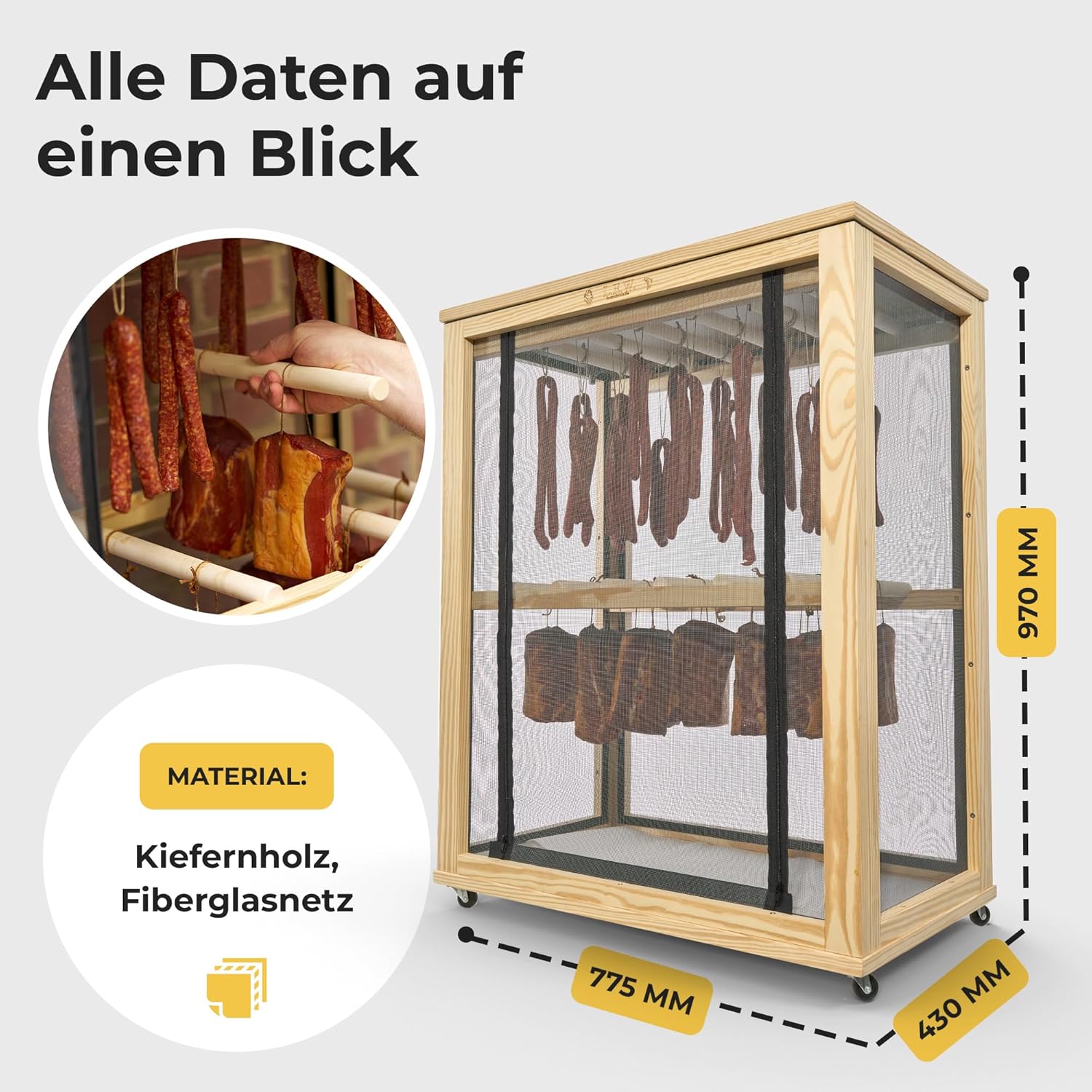 Armario de maduración de pie con Amortiguador y bisagras para Carne, Embutidos, Pescado y Queso – Cámara de Secado de Madera con protección contra Insectos