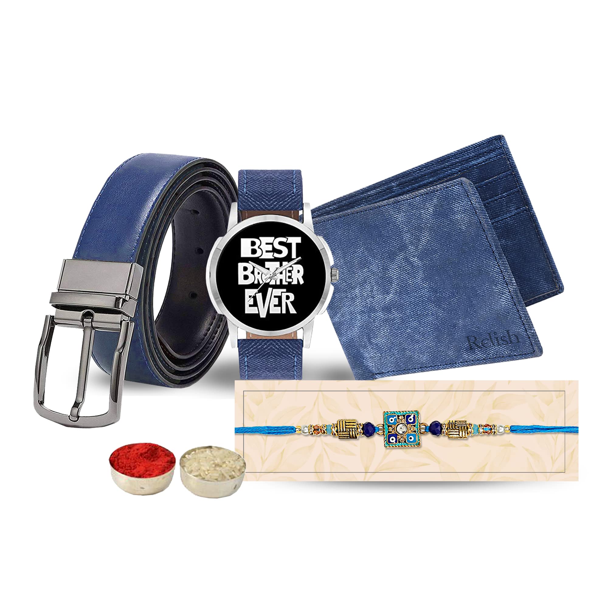 Relish Blue Brother Ever Denim Watch and Blue Wallet, Blue Belt and Blue Beads Rakhi Gift for Brother|