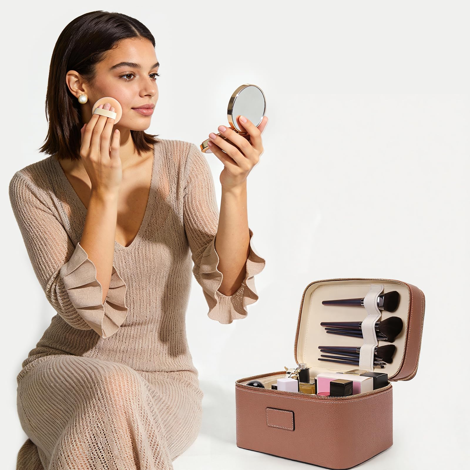 HiTotes Grande Trousse da Trucco Duo Vanity Case per Donne Borsa da Viaggio in Pelle Borsa da Toilette Portatile Borsa Cosmetica a Doppio Strato, 9.45in