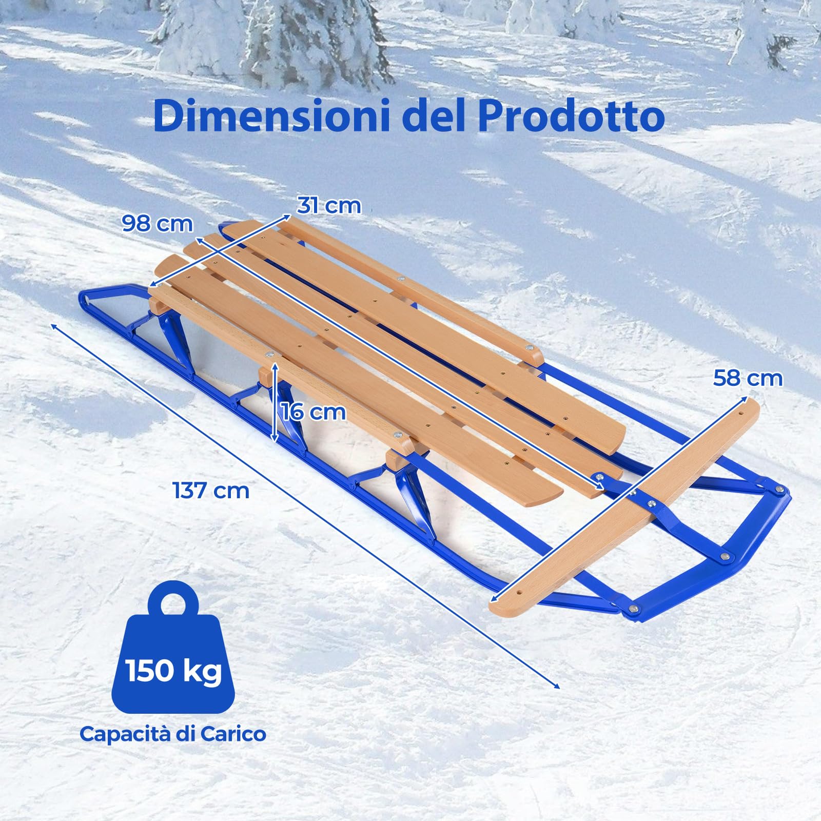 COSTWAY Slittino da Neve, Slittino per Bambini e Adulti con Barra di Direzione, Fori Preforati e Maniglie, Slitta da Neve in Legno e Metallo Vernicato, Carico Massimo 150 kg