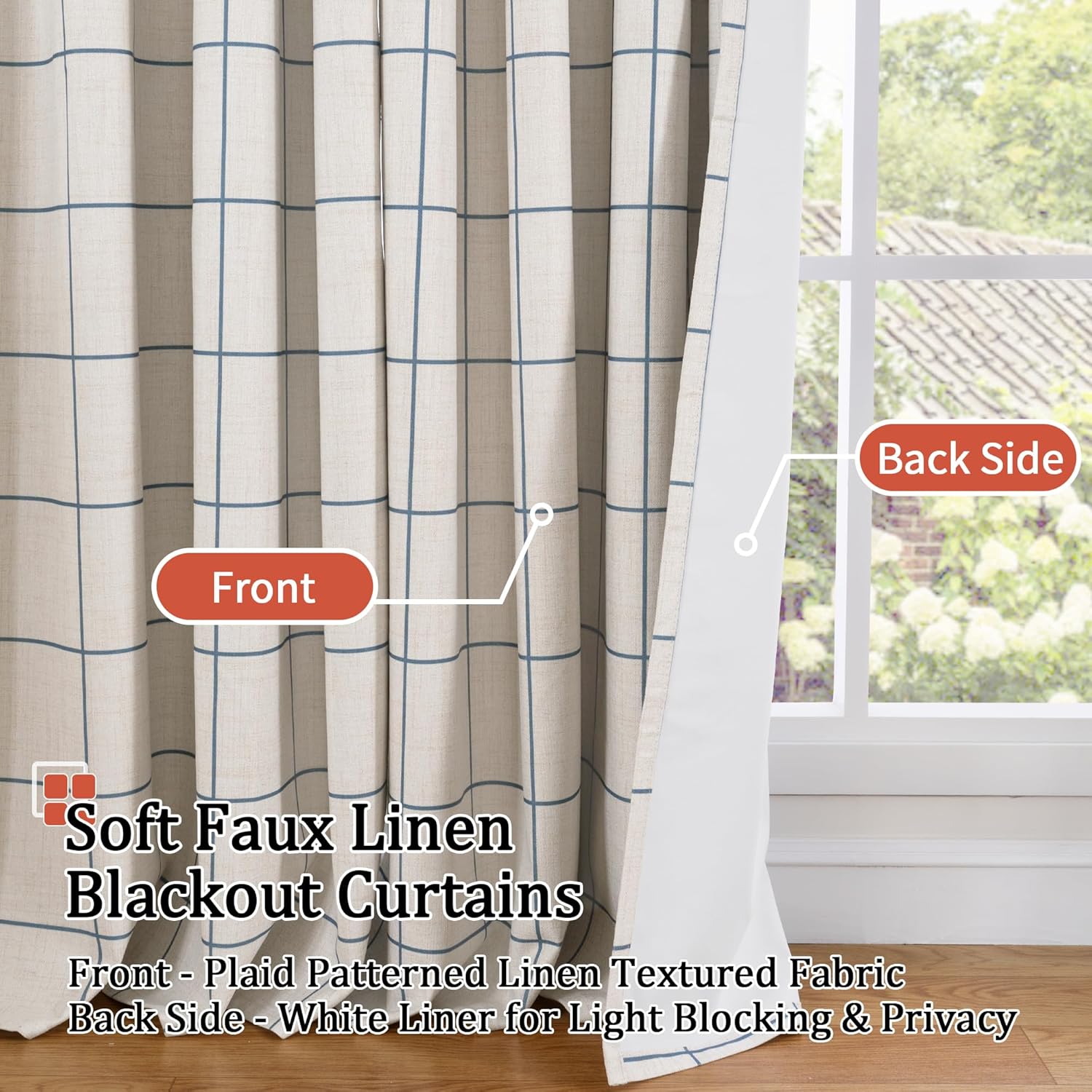 Lajode Navy Blue Linen Blackout Curtains for Living Room - Boho Plaid Pattern Thermal Insulated Grommet Cottage Core Window Treatments Rustic Drapes for Farmhouse, 52x84 Inch 2 Panels
