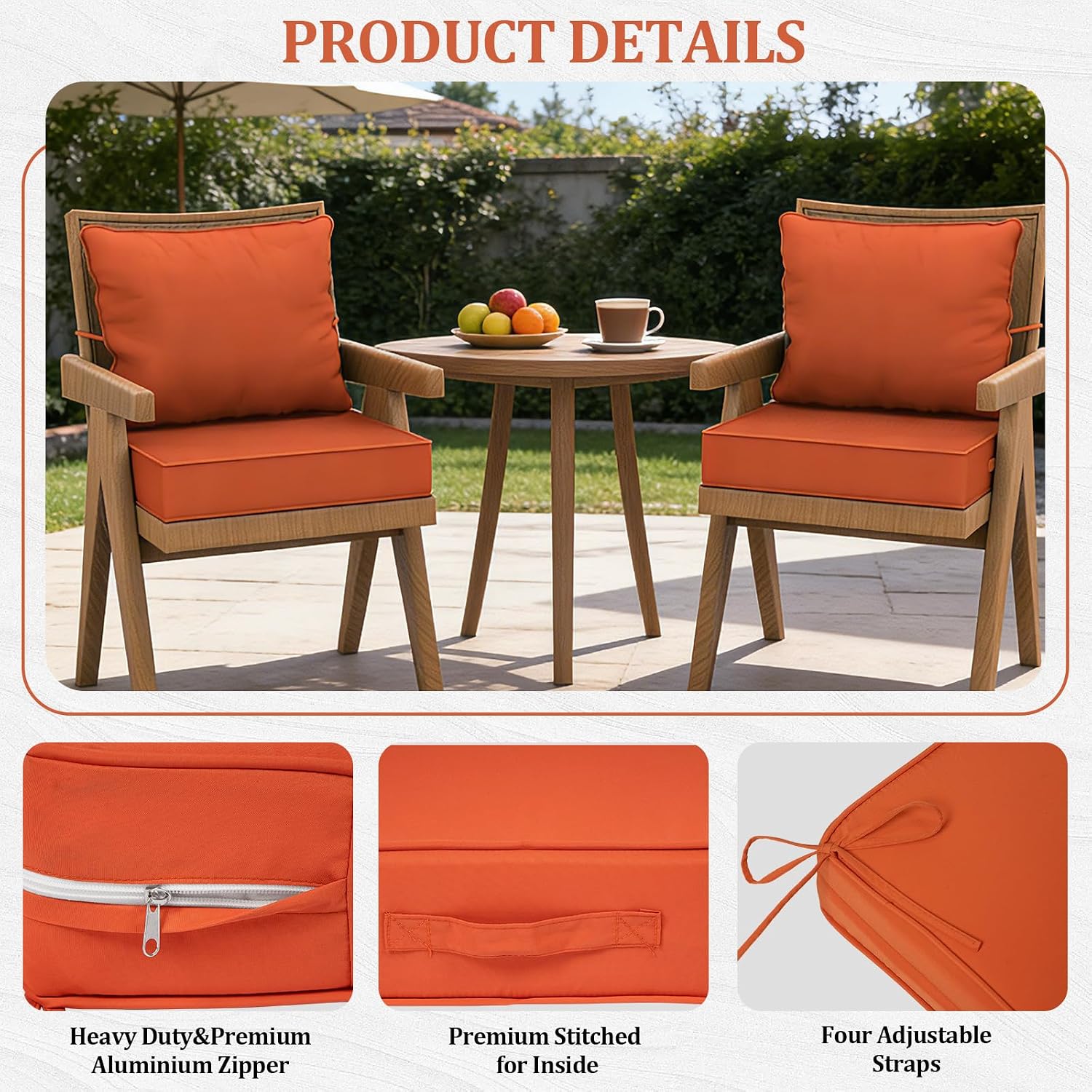 19x19“ Outdoor Deep Seat Cushions Set of 4, Patio Replacement Foam Cushions for Outside Furniture, Waterproof & Fade Resistant Patio Chair Pads, Compatible 20x20”,18x18“Orange