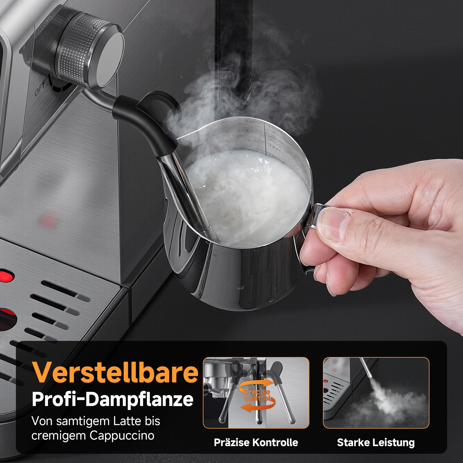 AMZCHEF Siebträgermaschine 20 Bar Espressomaschine Edelstahl LED-Touchscreen Milchaufschäumer 1,2L Wassertank