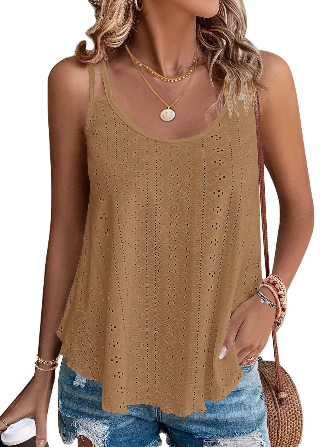 WNEEDU Damen Tank Tops Sommer Spaghetti Cami Oberteile Ärmellose Rundhalsausschnitt Blusen Top Shirts