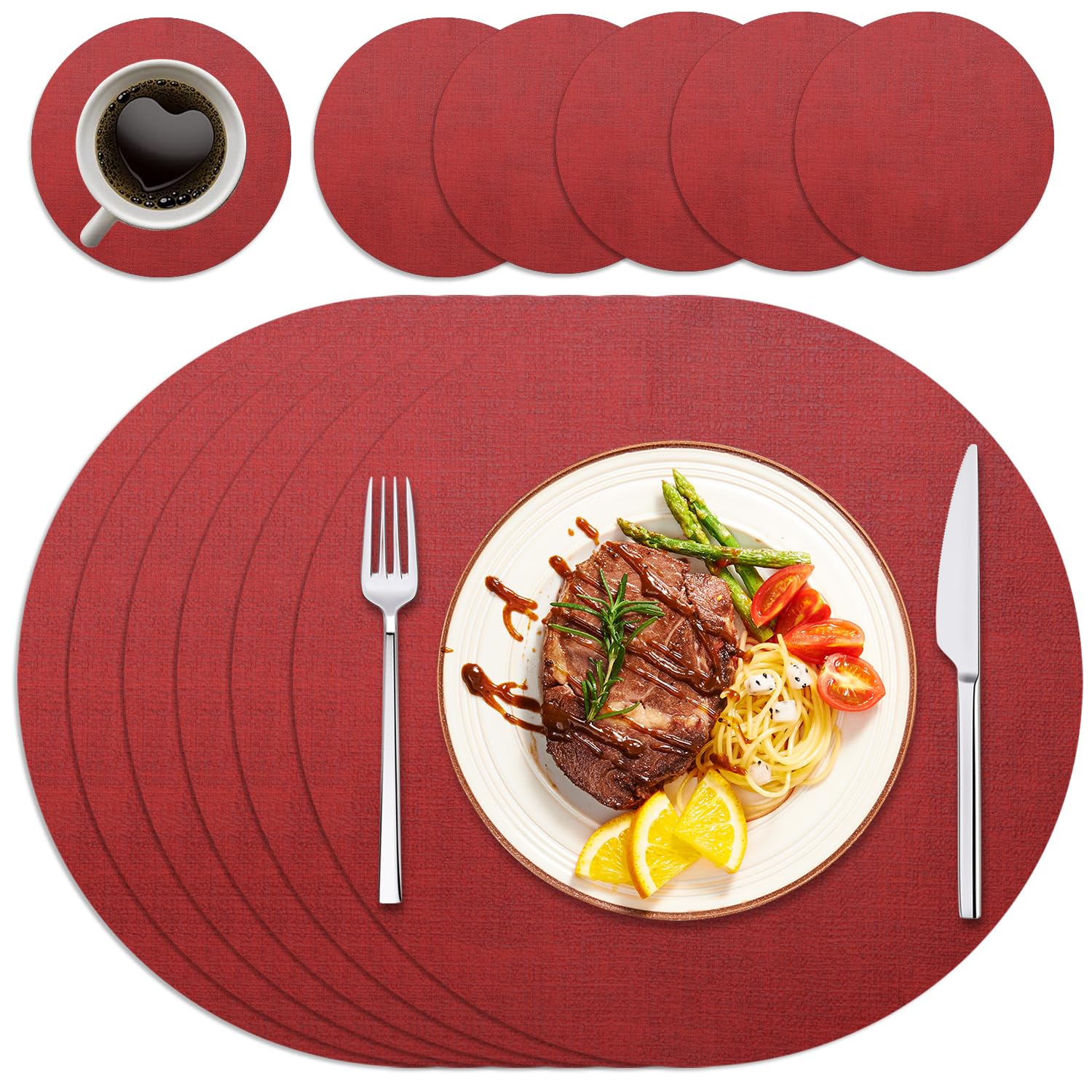 Purejoy Round Placemats and Coaster Sets 6, Christmas Table Mats PU Leather Heat-Resistant Washable and Non-Slip, ΓΈ43 cm Dinner Table Mats Set of 6 for Kitchen Mat Table Indoor (Red)