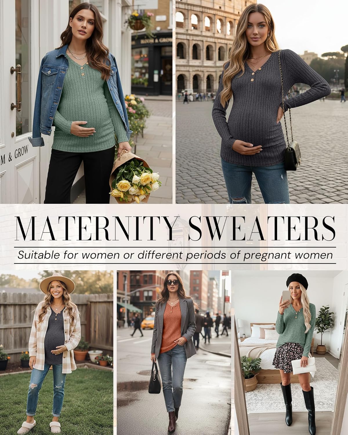 3 Pack Women's V Neck Maternity Sweaters Long Sleeve Shirts Clothes Pregnancy Henley Tops Ribbed Side Ruched Tunic - Image 3