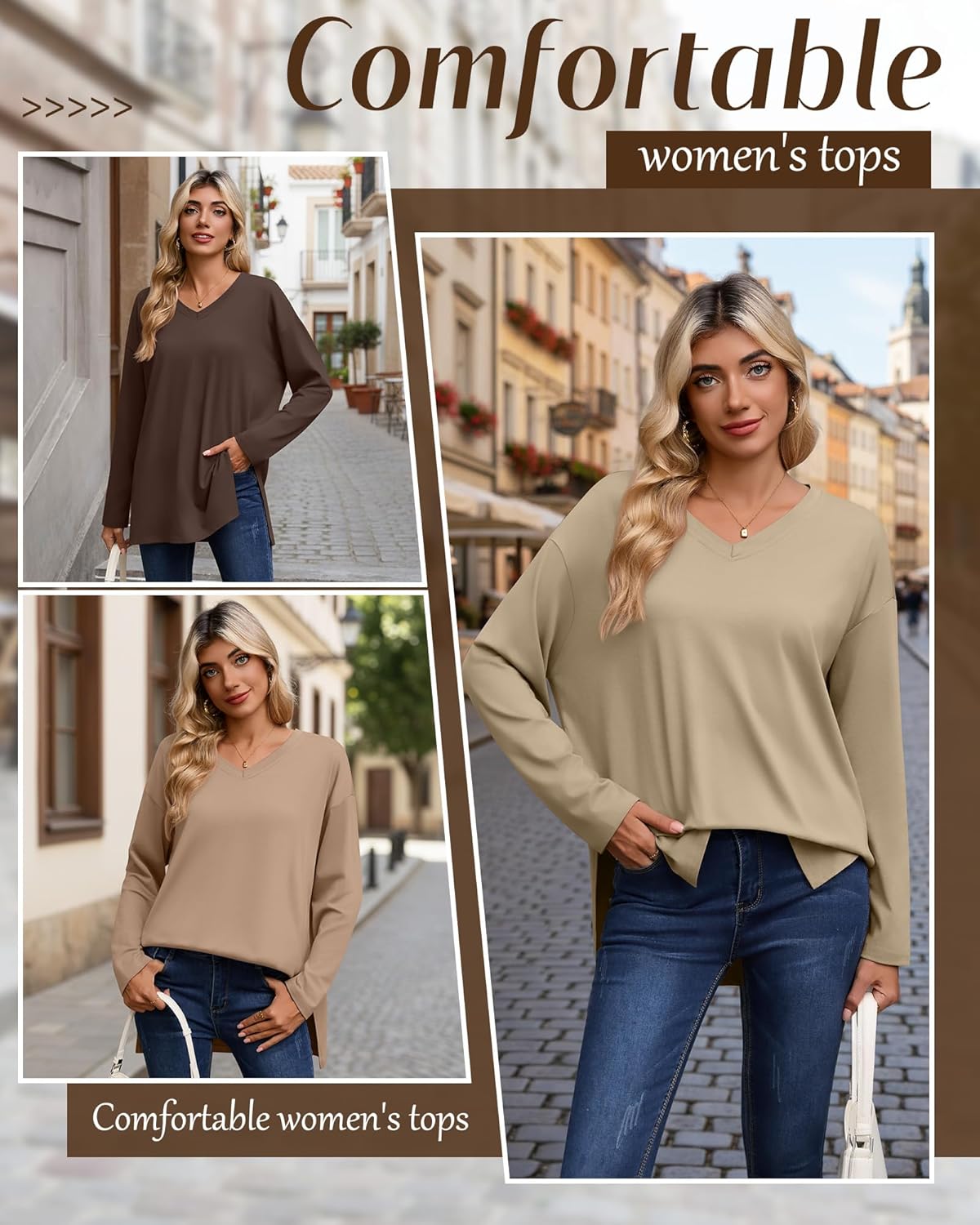 Huukeay 3 Pack Womens Oversized Long Sleeve T Shirts V Neck Knit Casual Workout Tunic Tops Side Split Loose Basic Tees(Dark Brown, Coffee, Gray Khaki,X-Large) - Image 5
