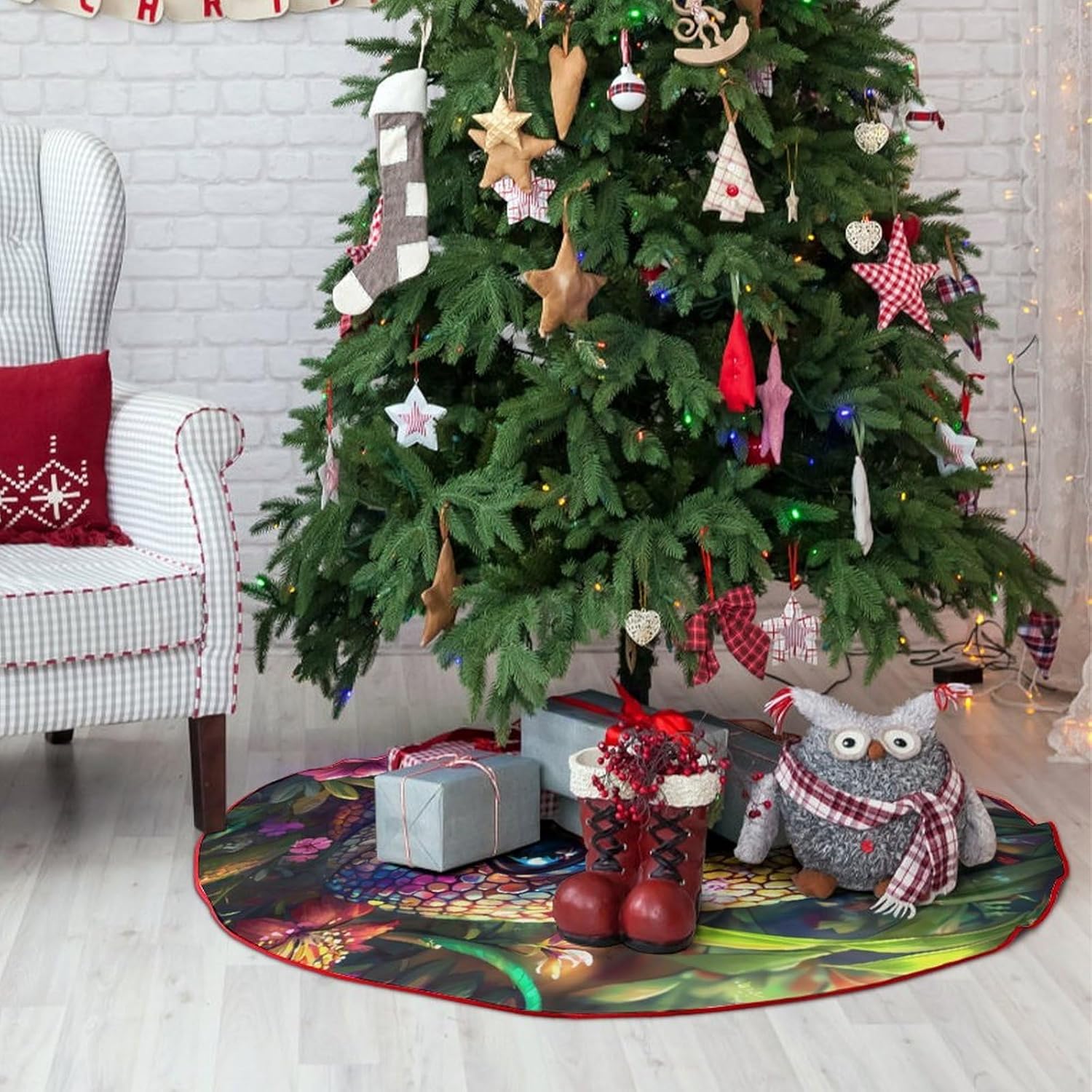 Colorful Flower Snake Christmas Tree Skirt Ornaments Christmas Tree Mat for Home Party Holiday Decorations