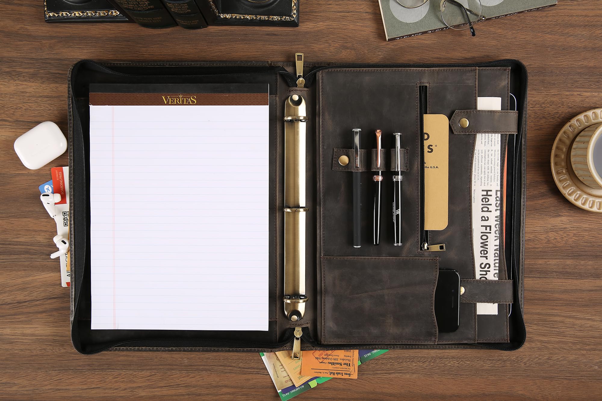 Portefeuille en cuir fait à la main pour homme et femme, porte-documents personnalisé en cuir pour gaucher avec porte-bloc-notes A4 (gris, non personnalisé)