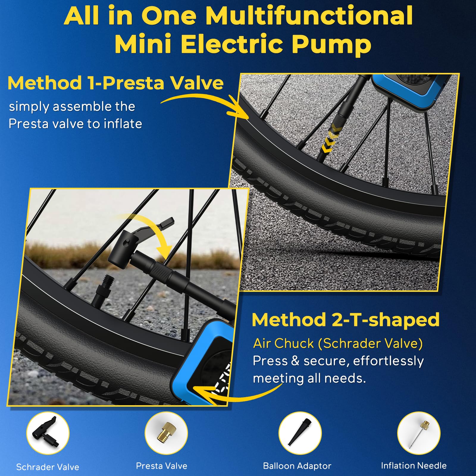 MOVCAN Mini-Fahrradpumpe, 25 Sekunden, schnelle Fahrradpumpe mit Messgerät, 150 PSI, tragbare Elektro-Fahrrad-Luftpumpe mit Presta- und Schrader-Ventil, Aufblasnadel für Fahrrad, Motorrad