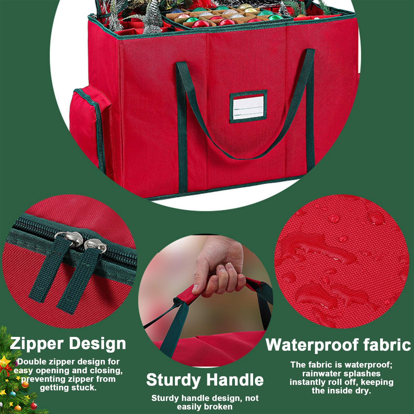 Weihnachtskugeln Aufbewahrung, Aufbewahrungsbox für Weihnachtskugeln mit Deckel, Large Pocket, 600D Oxford-Gewebe, 5 Tabletts, Doppelreißverschluss (Rot,71x31x45cm)
