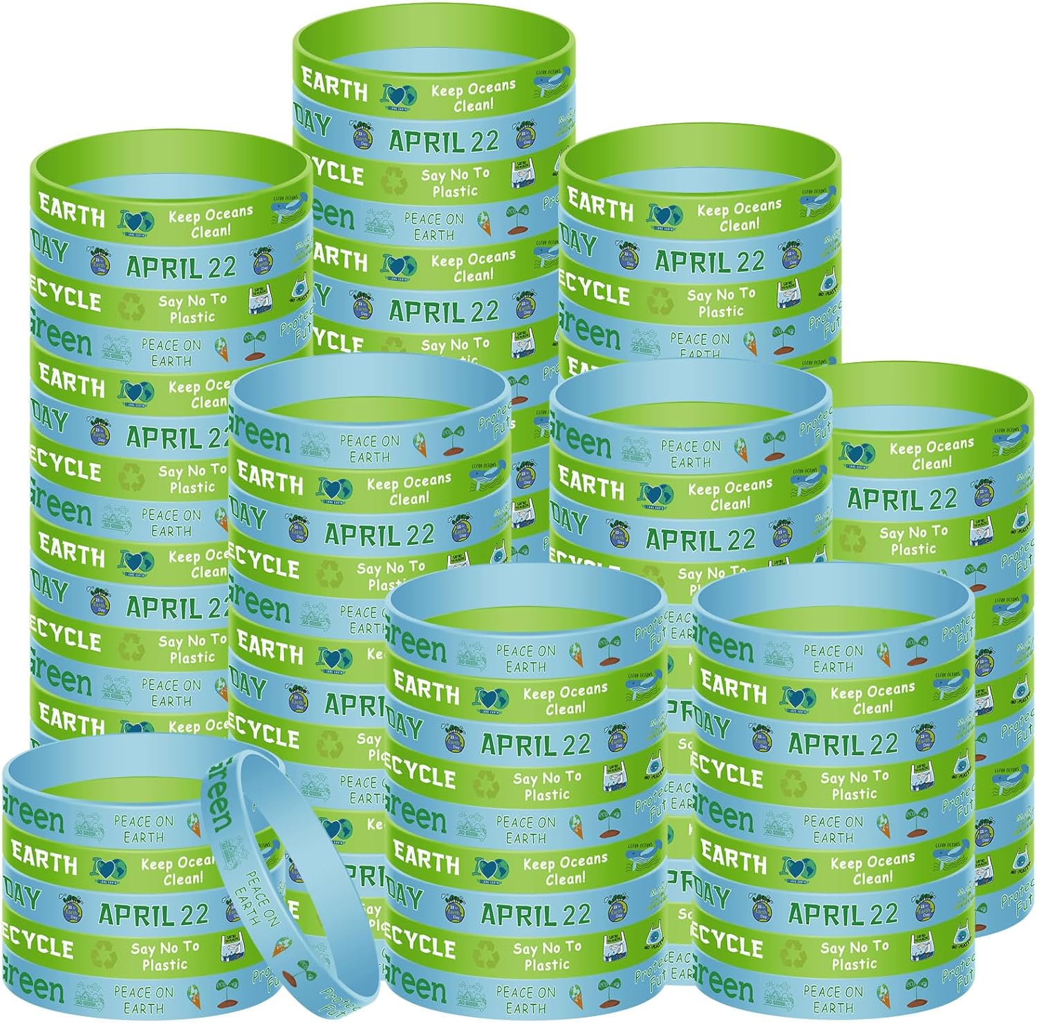 Karenhi 96 Pieces Earth Day Silicone Bracelets Green Happy Earth Day Silicone Wristbands with Inspirational Saying for Men Women Teens Party Favor Gifts
