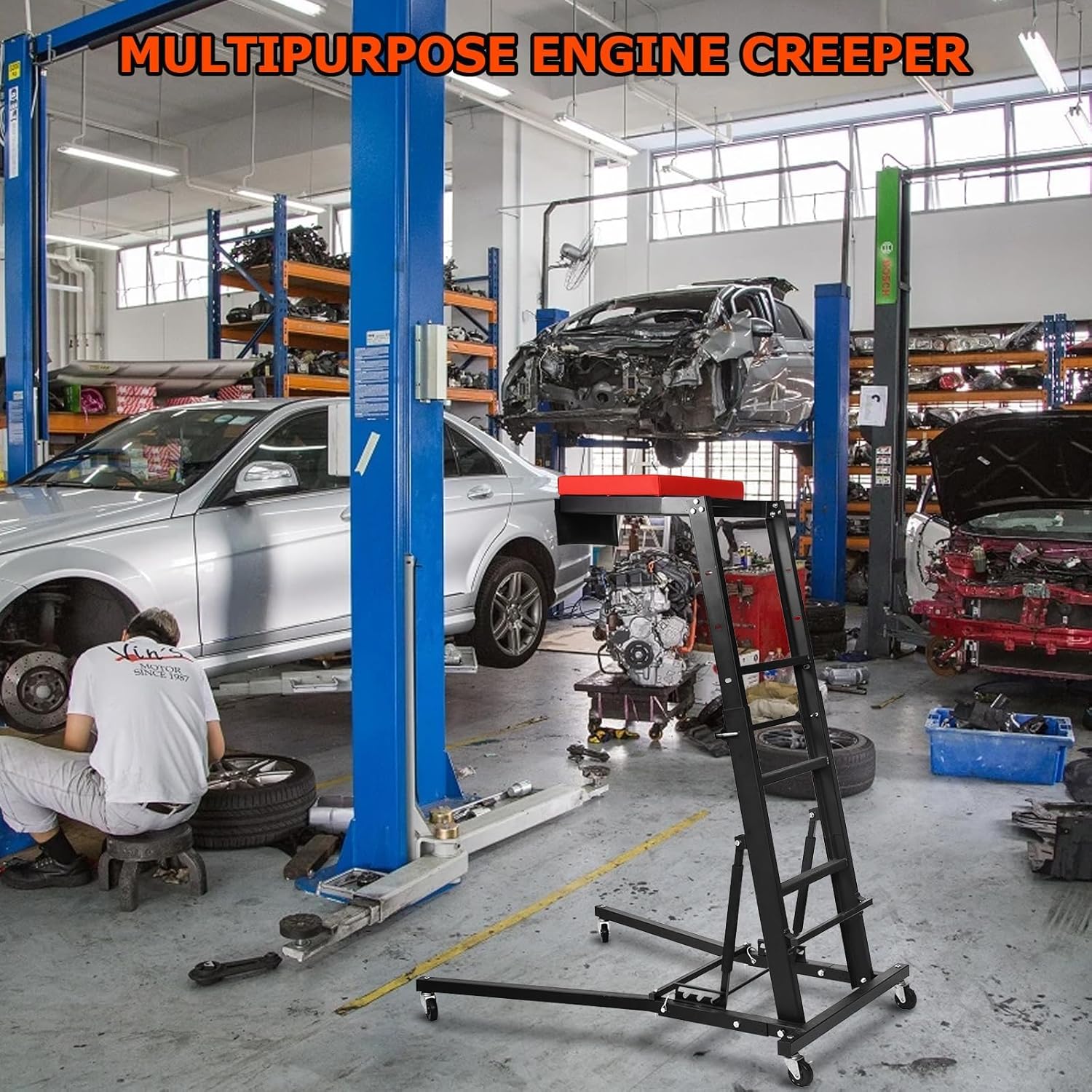 400lbs High Top Automotive Engine Creeper, 48" to 66" Adjustable Height Creeper for Garage Workshop Repair Maintenance Mechanic