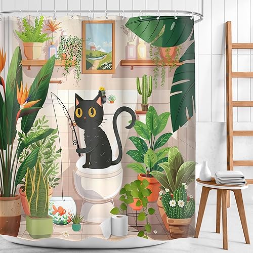 Miniatura 2 de Cortina de ducha con gato divertido para niños, 60 pulgadas de ancho x 72 pulgadas de alto, gato negro, gatito de dibujos animados, animal tropical,