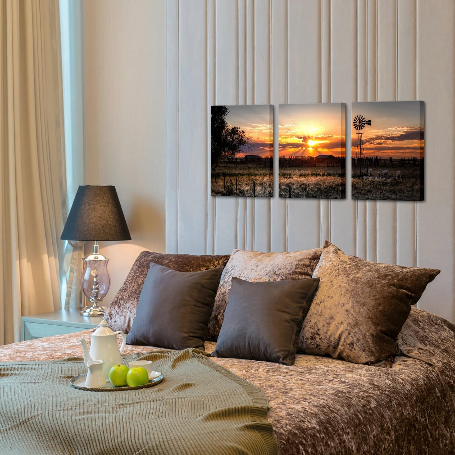 LevvArts 3 Piece Farm Landscape Picture Wall Art Decor Vintage Farmhouse Windmill at Sunset Scenery Photograph Painting Giclee Canvas Print for Bedroom Decor Framed Ready to Hang (Small)