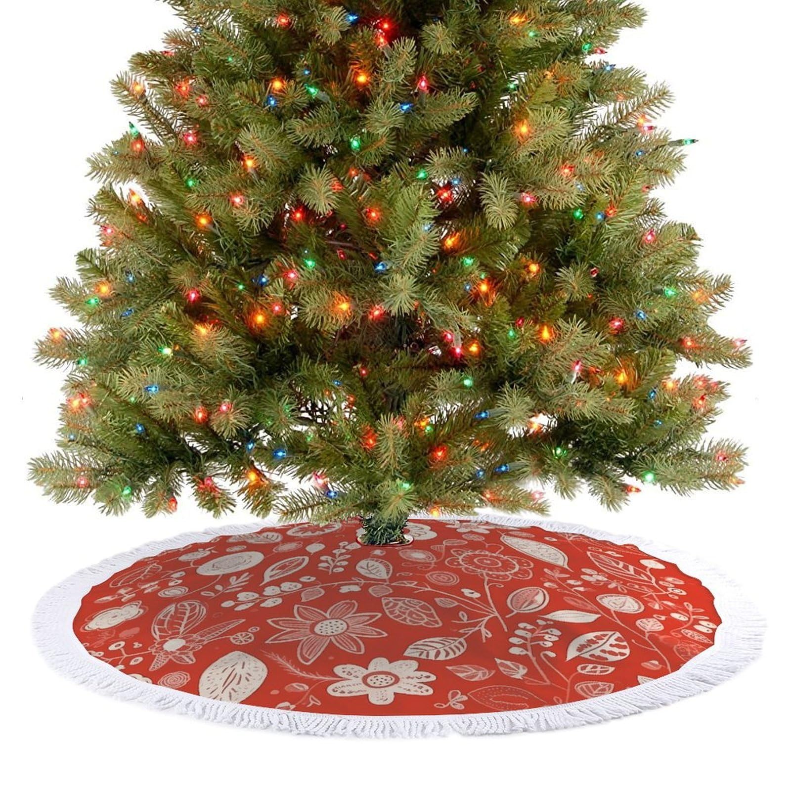 Flowers on Red Background Christmas Tree Skirt 30"x30" Rustic Xmas Tree Mat with Tassel Ornament Christmas Trees Cover Skirt Mat for Evergreen Trees Ornament Winter Holiday Mats Decorations