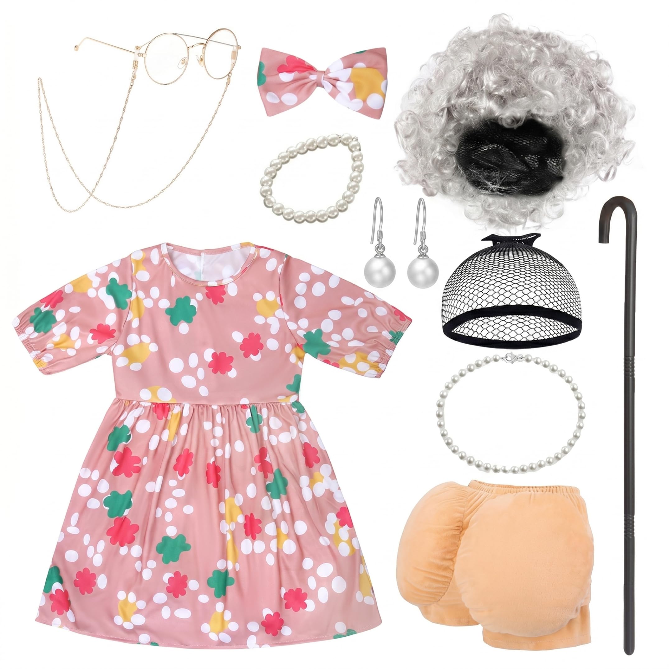 Disfraz de anciana para niños, Disfraz de Abuela, Conjunto Completo con Vestido y Accesorios para el día número 100 de Clases |.Talla L