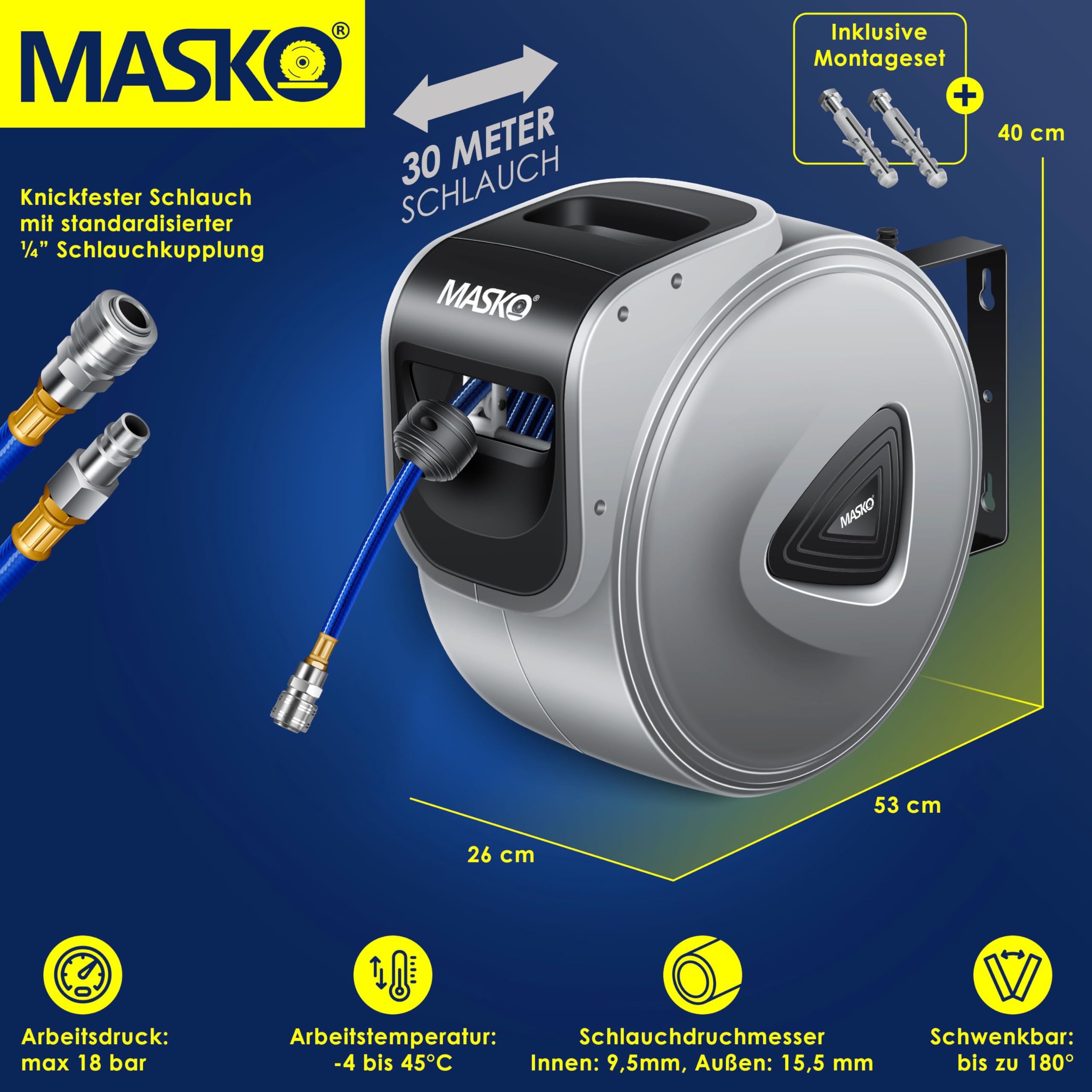 MASKO® Automatik Druckluftschlauch Aufroller 30m – Schlauchtrommel mit 1/4" Anschluss, Schlauchaufroller, Wandhalterung, Tragegriff, 180° schwenkbar, Schlauchbremse, vormontiert/sofort einsatzbereit
