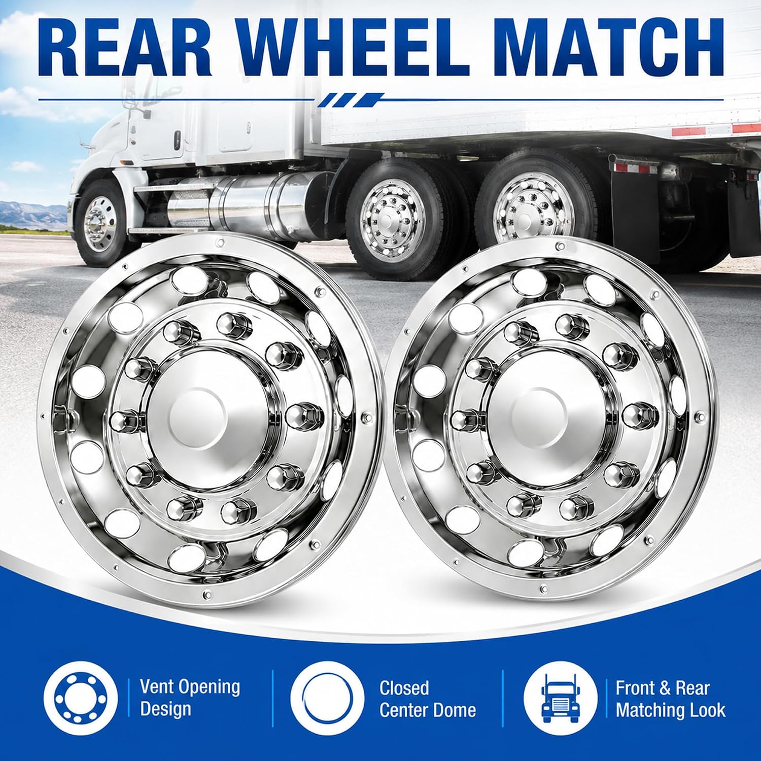 22.5" Wheel Simulators 10 Lug Stainless Steel Front & Rear Set