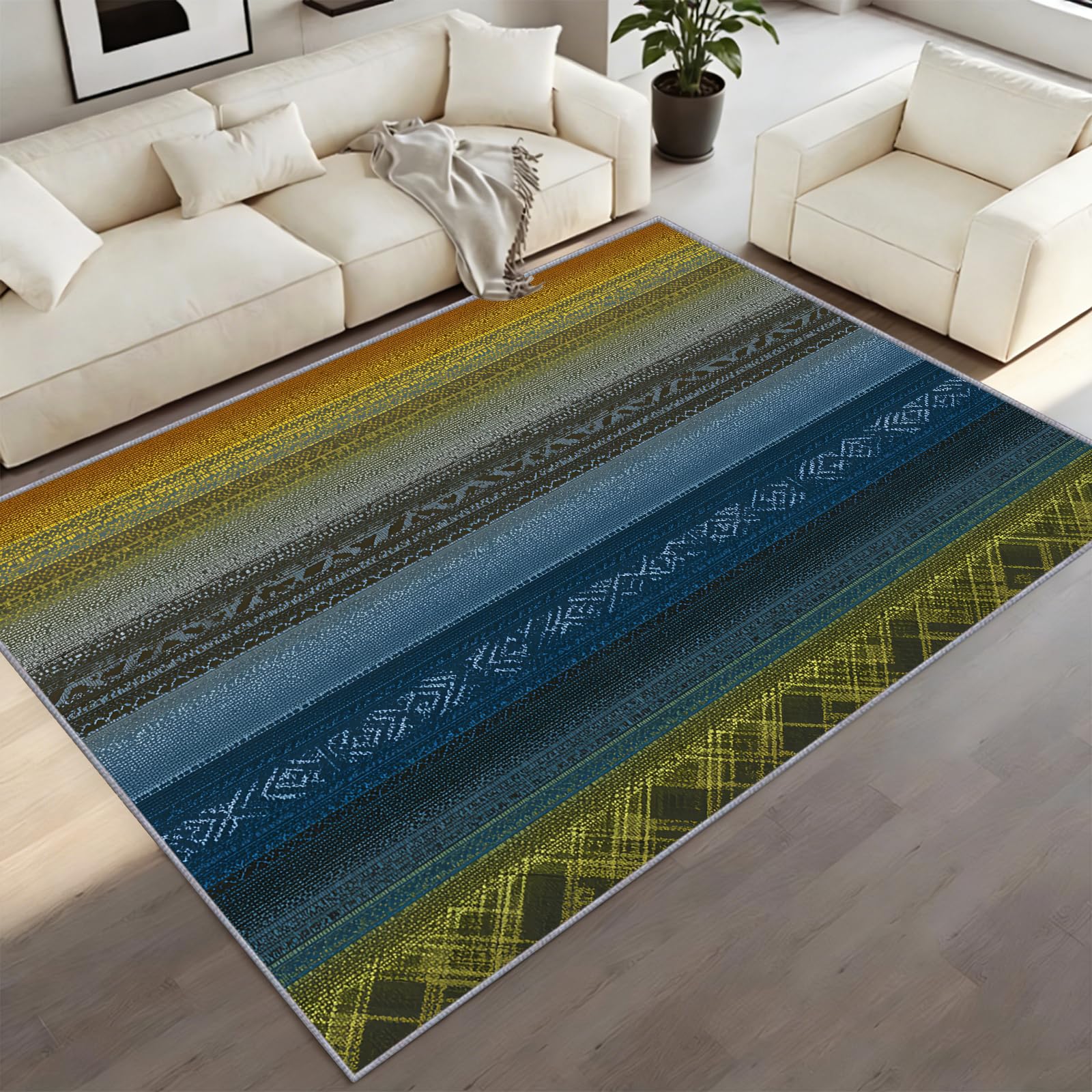 Modern Contemporary Area Rug, Abstract Geometric Striped Pattern Carpet, Sage Green and Navy Blue Rugs, Machine Washable & Stain Resistant, for Living Room, Large Dining Room and Patio 150 x 240 cm