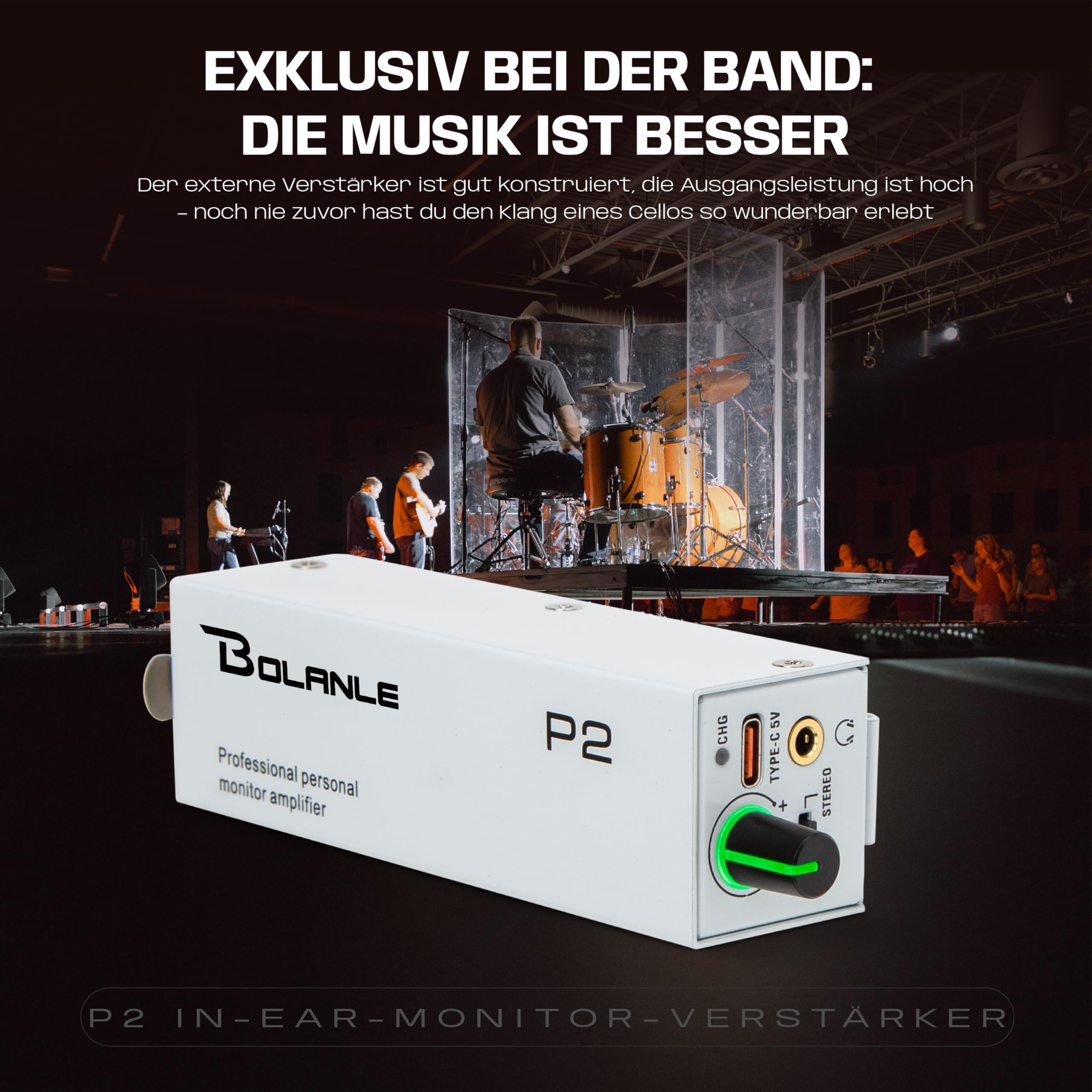 Bolanle P2 PRO In-Ear Monitoring Verstärker USB-C, XLR/TRS Eingang mit Verriegelung, 3,5 mm Ausgang, Stereo/Mono Schalter, 7-Farben LED für Musiker