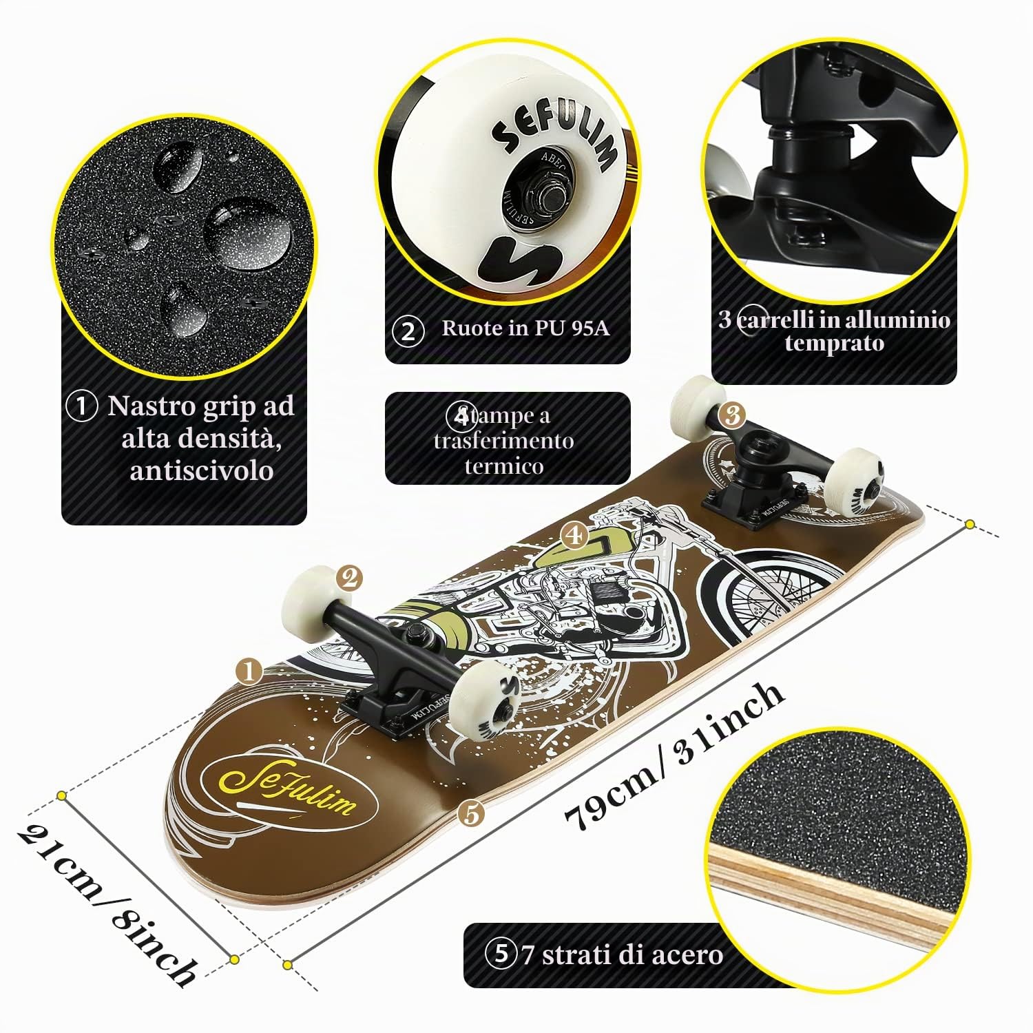 31x8 Pollici Skateboard Completo 7-strati Acero Canadese Doppio Kick