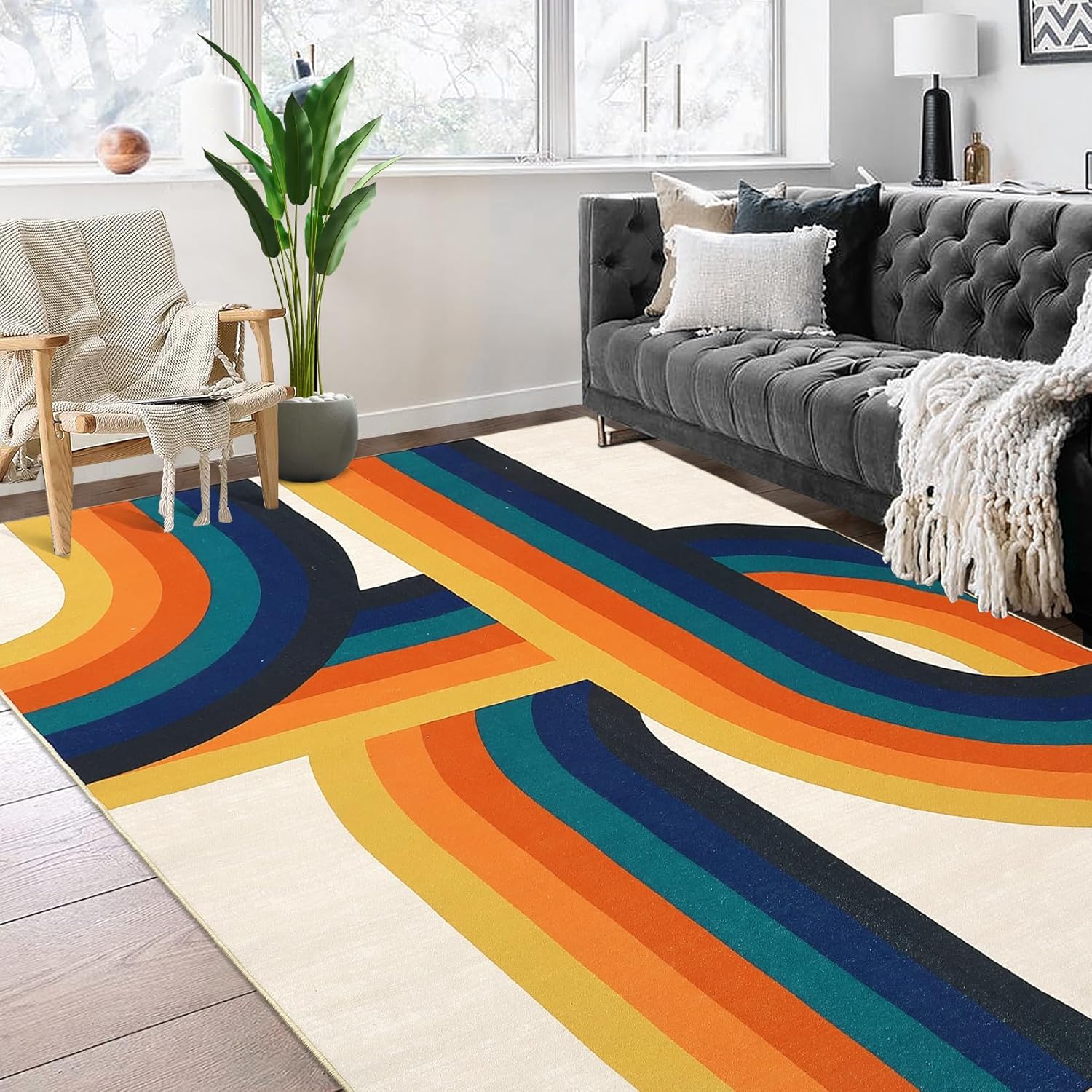 GarveeHome 5x7 Washable Modern Area Rug Spill-Proof Surface, Non-Slip Backing, Cozy Soft Faux Wool, Printed Rug, Living Room Rugs 5x7, Bedroom Rugs, Dining Room Rugs Beige/Blue/Orange