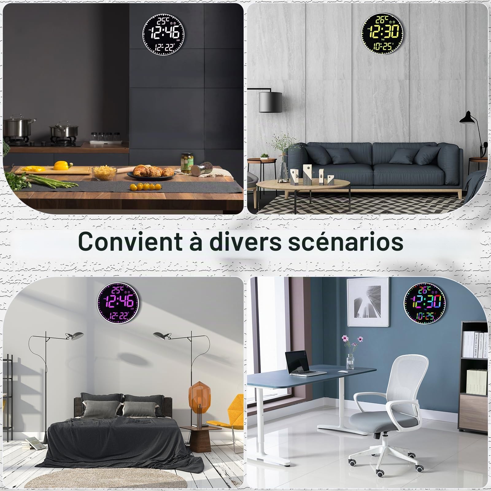 Horloge murale numérique de 30,5 cm, grande horloge murale LED, horloge murale avec 12 couleurs RVB et télécommande, minuteur à grand affichage LED 2025 avec température, date, semaine