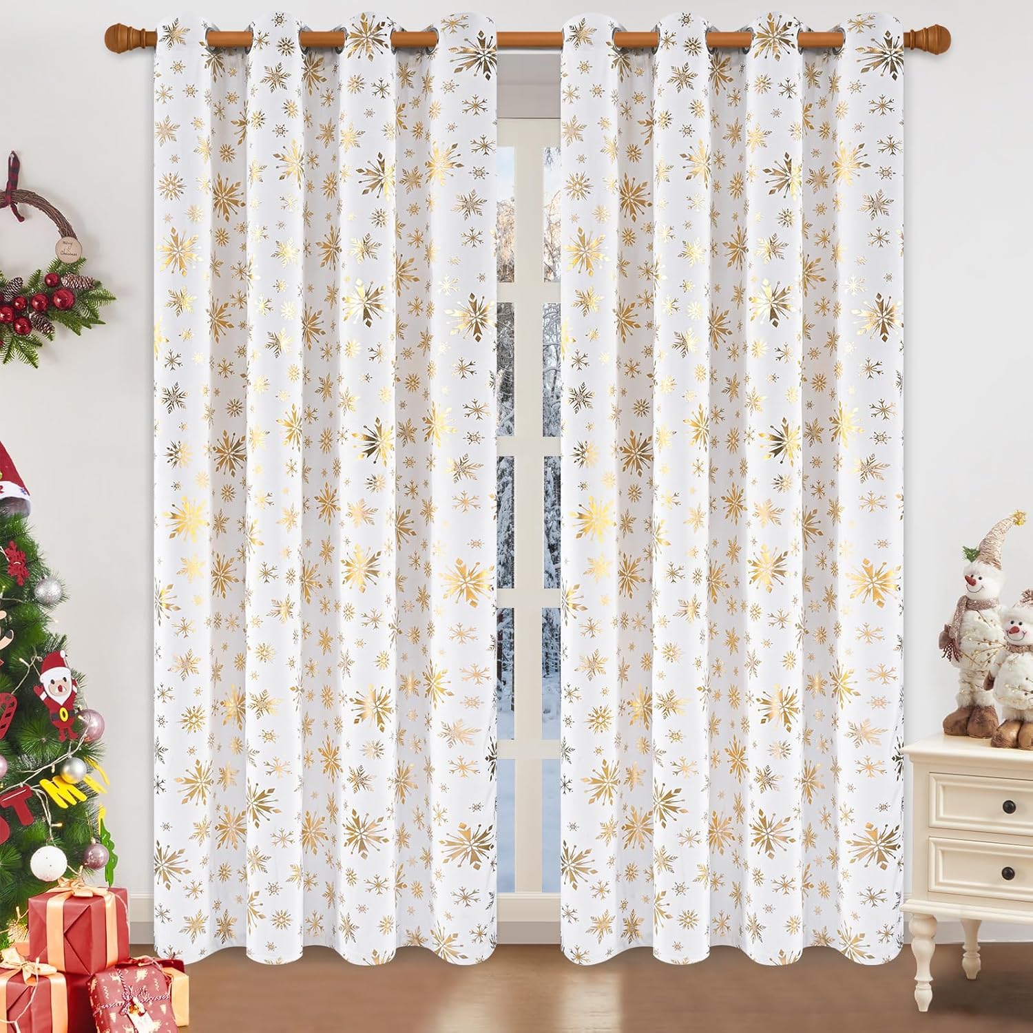 ASPMIZ Christmas Curtains for Living Room, Gold Snowflake Foil Print Curtain, Velvet Blackout Curains for Bedroom, Christmas Drapes 84 Inch Length 2 Panels Set, Thermal Insulated Grommet Curtain White