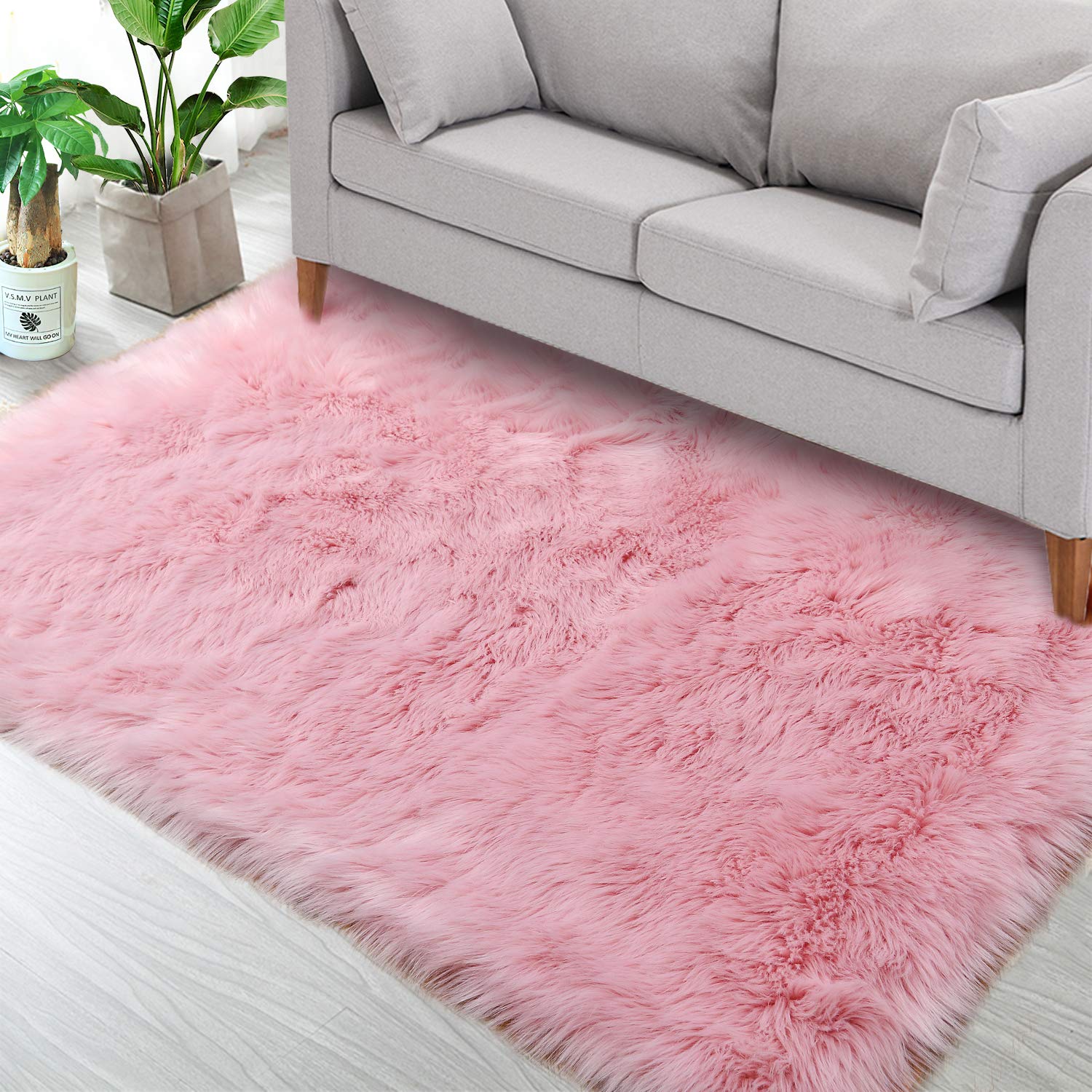 Veken Fluffy Shag Area Rugs for Living Room Bedroom Home Decor Nursery, Indoor Carpets for Girls Boys Kids Room 4x5.3 Feet, Pink