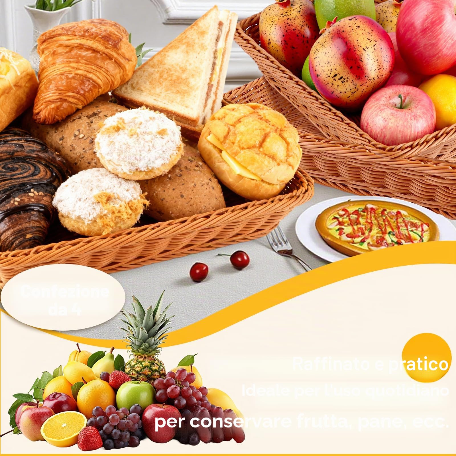 DAJAVE Set di 4 Mini Cestino in Vimini per Alimenti, 35 x 25 x 7 cm Caramelle, Gelatine e Frutta - Cesto Piccolo, Cestino Vimini, Contenitore per Alimenti - Cestino Vimini Piccolo Ideale