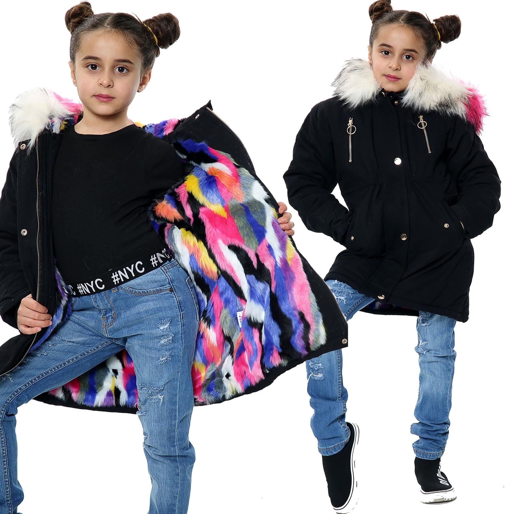 A2Z 4 Kids Bambine Pelliccia Sintetica Foderato Parka Cappotto Arcobaleno Cappuccio In Pelliccia Imbottito Giacca Colletto Cappuccio Comodo Leggero Invernale Giacca Cappotto Per Bambine Età 2-13 Anni