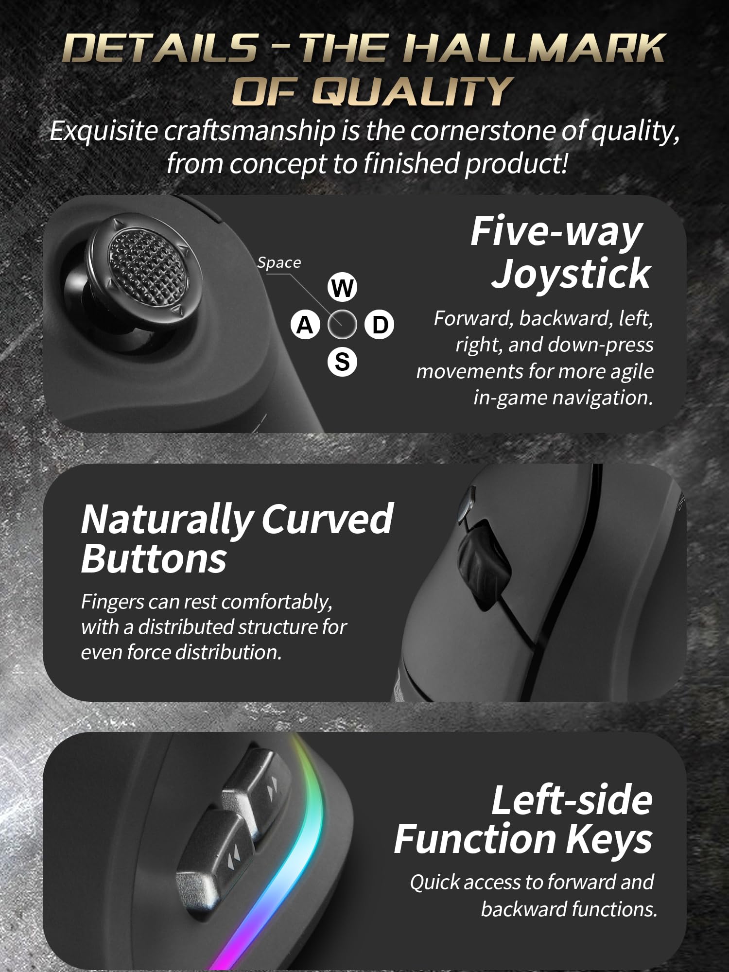 Zeerkeer Ratón Gaming con Joystick, Bluetooth/2.4G Inalámbrico/Ratón Juegos con Cable, 12 Botones Programables, Efectos de luz RGB, 24000 DPI, Diseño Ergonómico, Adecuado para Juegos y Oficina - Negro