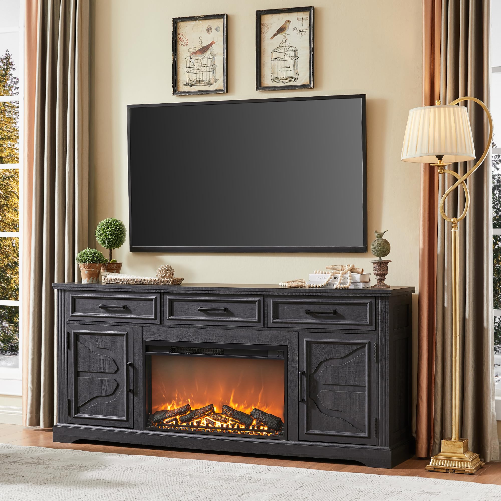 Amazon.com - JXQTLINGMU Farmhouse Fireplace TV Stand for Up to 80 Inch TV, Entertainment  Center with 30 Electric Fireplace for 65 75 Inch TV, 70 TV Stand with  Storage Cabinet Drawer for