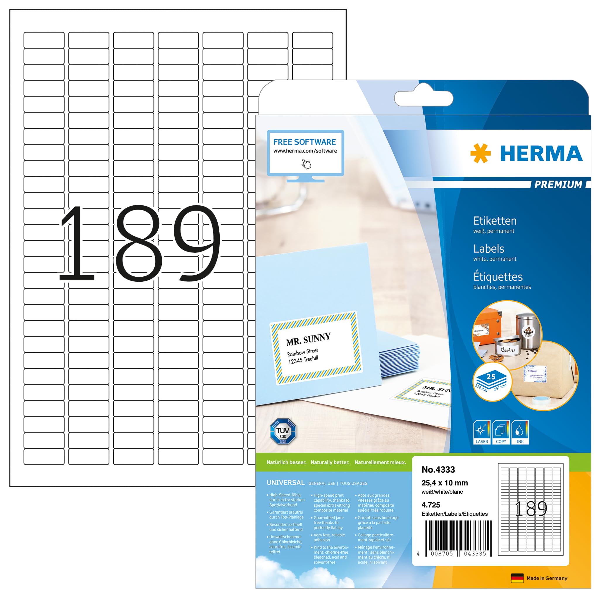 HERMA 4333 - Etichette universali, formato DIN A4, misura piccola, set da 32 (25,4 x 10 mm, 800 fogli, carta opaca), autoadesive, stampabili, adesivi permanenti, 151.200 etichette, colore: Bianco