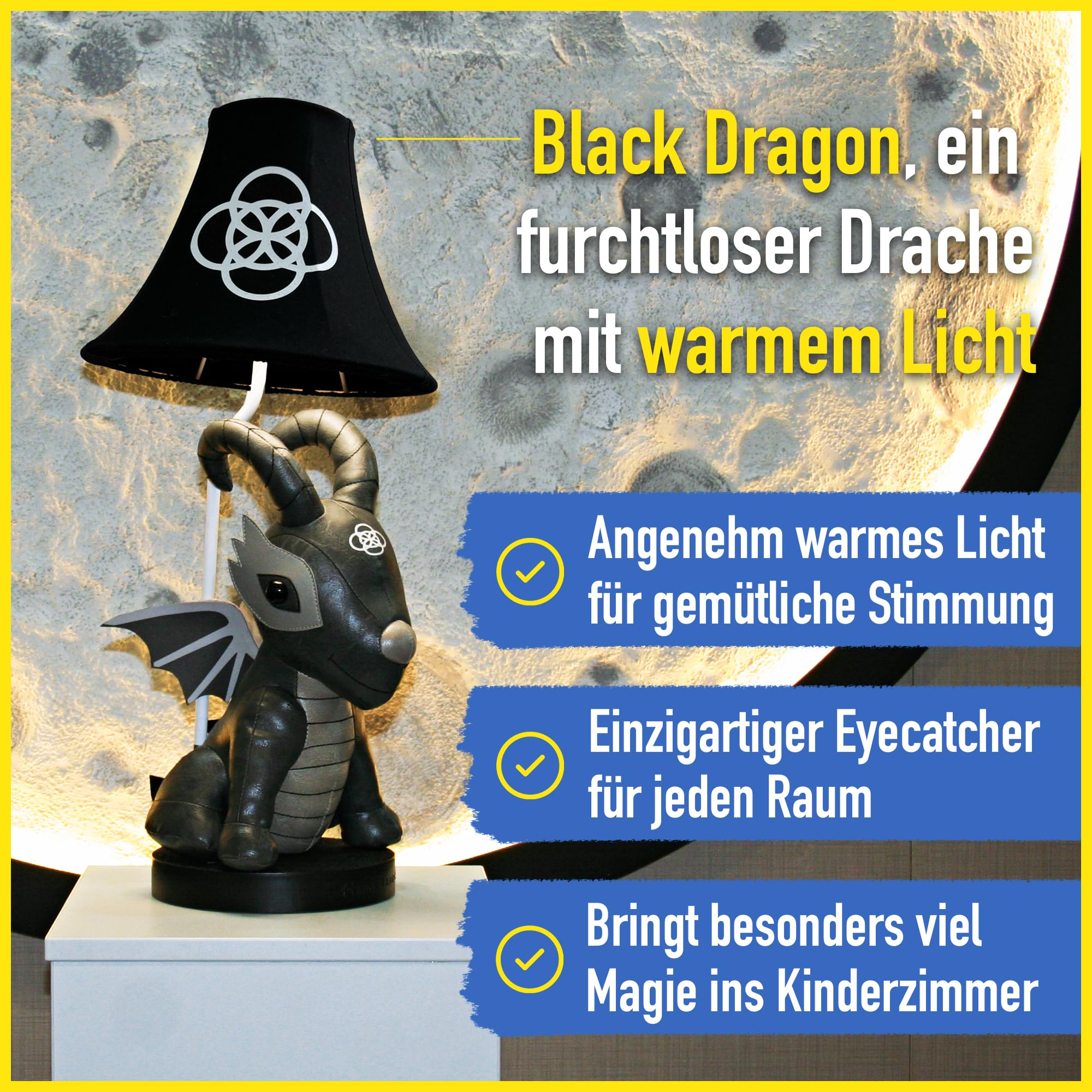 Happy Lamps Black Dragon LED-Tischlampe 58 cm, Kinderzimmer Deko | handgefertigt, kindersicher, ideal fürs Kinderzimmer, Geschenkidee