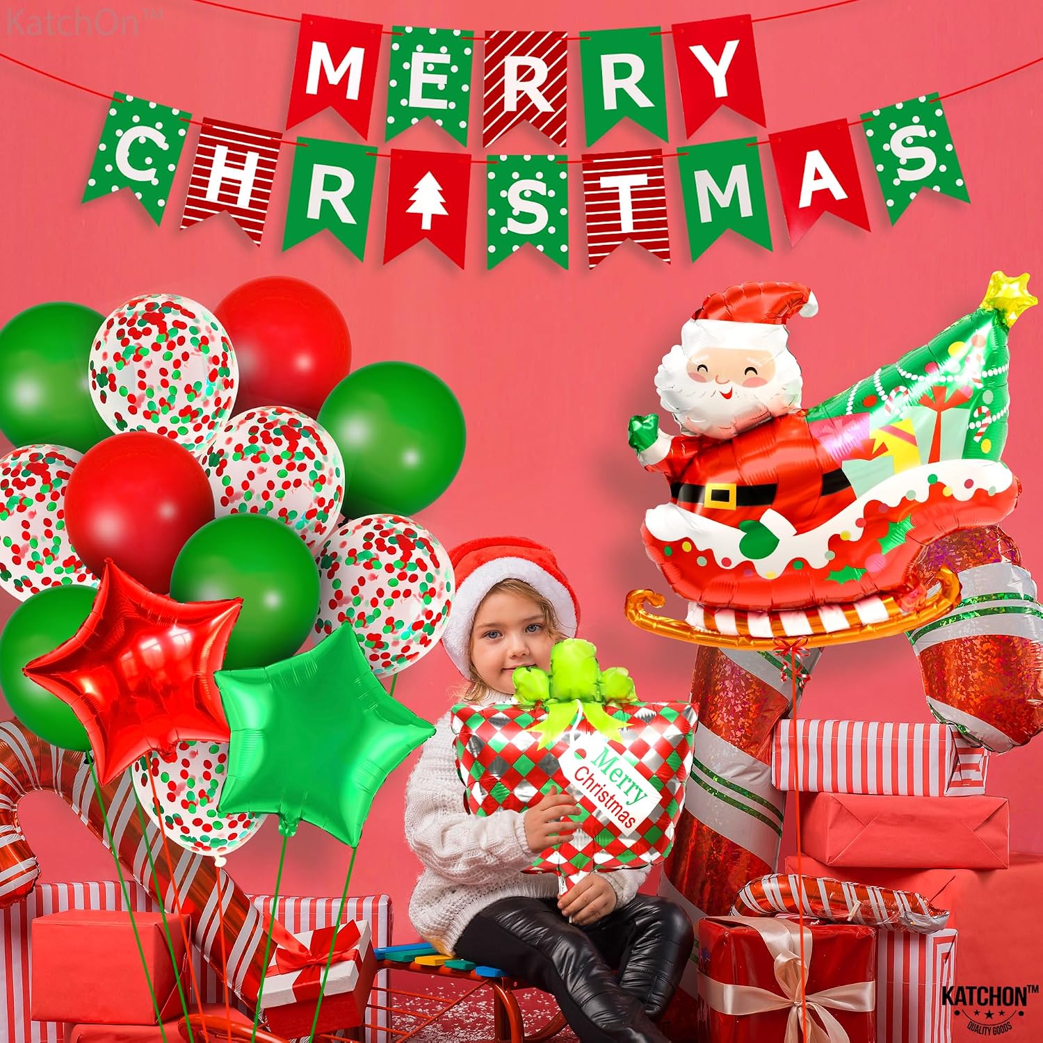 KatchOn, Merry Christmas Decorations Indoor - Huge, Pack of 25 | Merry Christmas Banner, Santa Balloon, Star Balloons for Holiday Decorations | Xmas Balloons for Xmas Decoration