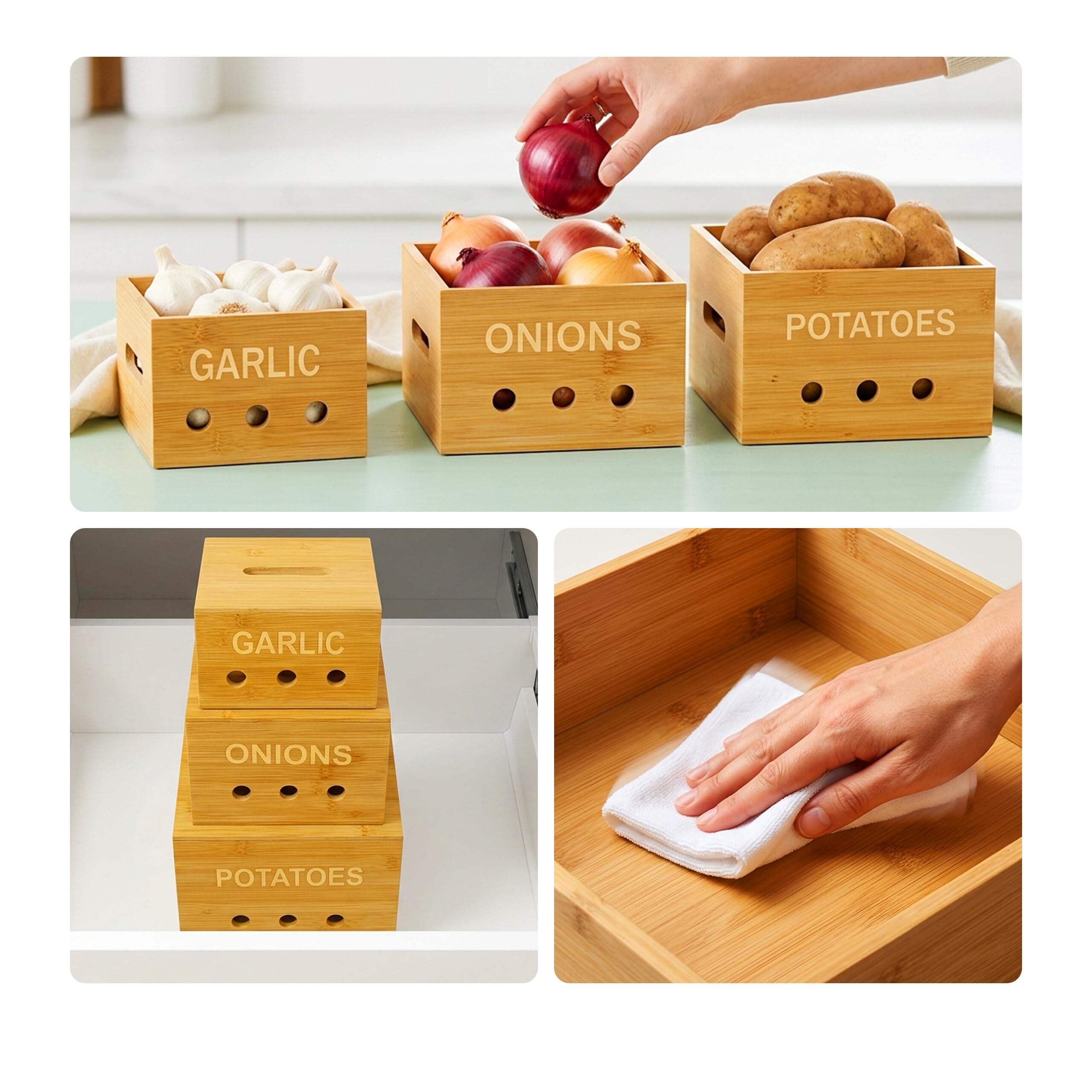 Relaxdays Cajas de almacenamiento de bambú natural, 3 tamaños, cocina | para patatas, cebollas y ajo