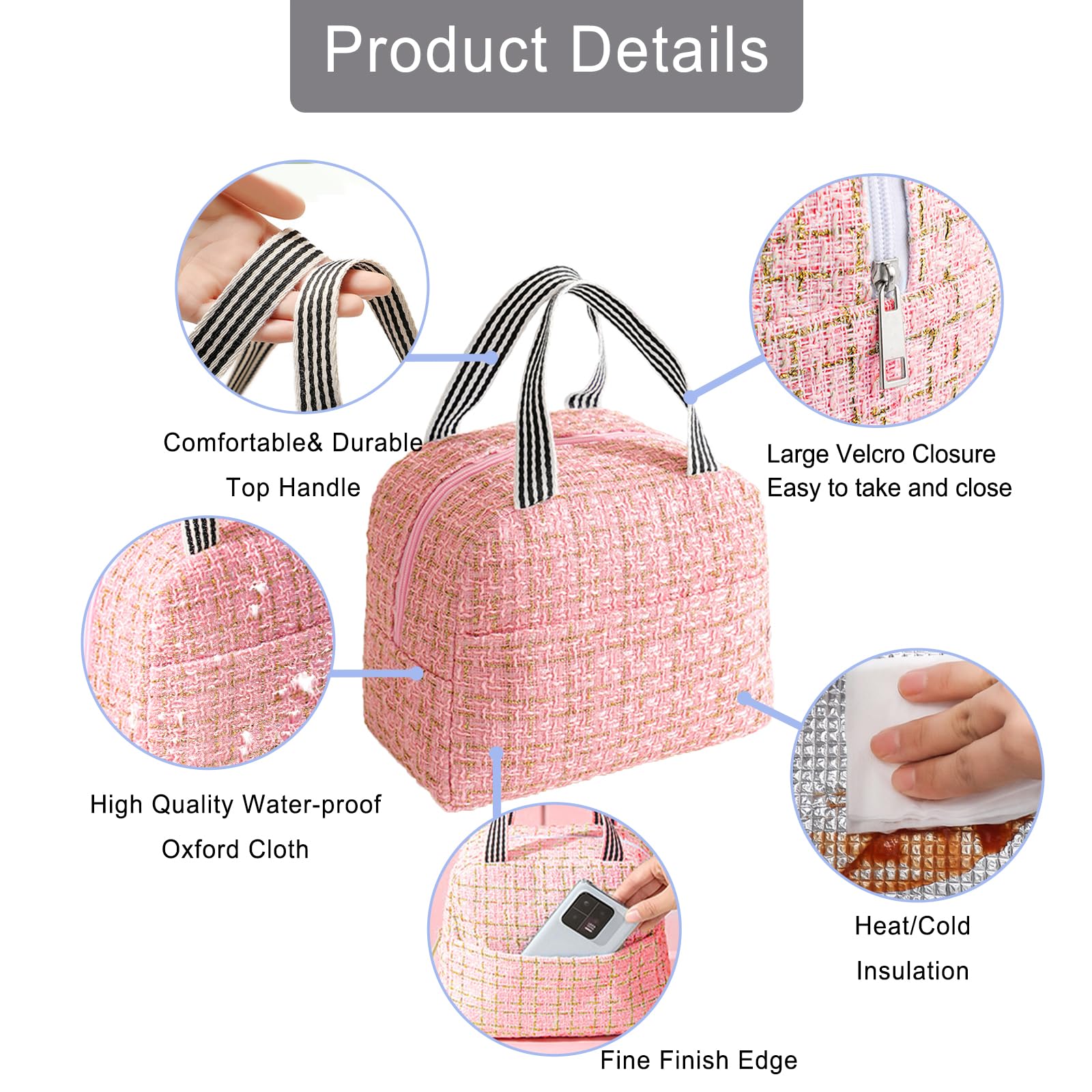 Lunch Bags for Women Insulated Lunch Bags Adults Cooler Bag Water-Resistant Thermal Leak-Proof Lunch Organizer for Children Girls Men Work Picnic Pink - Image 2