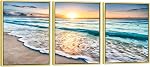 Pyradecor 3 Panneaux Blue Beach Sunrise White Wave Images Peinture sur toile Mur Art moderne Échelle et encadrée paysage de mer Giclee Canvas Imprimés Vue sur la mer Paysage Artwork pour la maison Bureau Décorations
