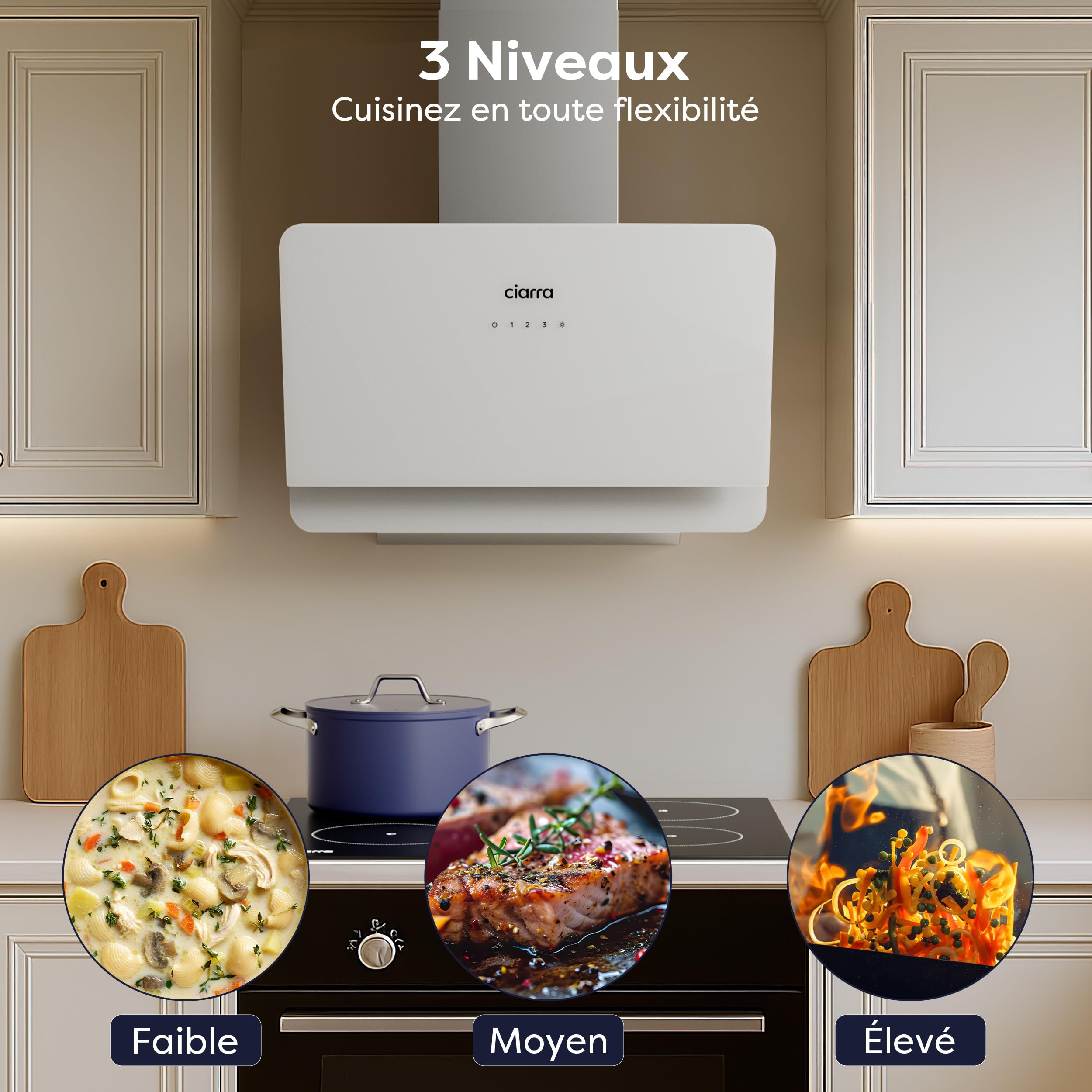 CIARRA CBCS6765C Hotte Inclinée Murale 60cm Classe A+ 580m³/h avec Filtre à Charbon CBCF055, 3 Vitesses, Écran Tactile, Évacuation & Recyclage, Verre et Inox -Blanche