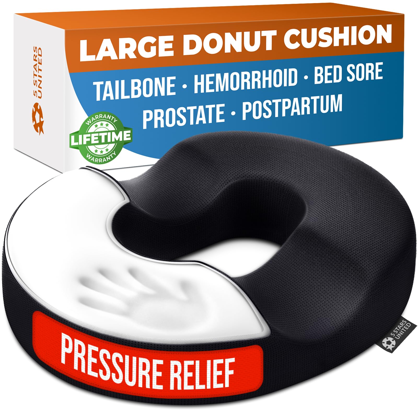 Photo 1 of 5 STARS UNITED Donut Pillow for Tailbone Pain & Hemorrhoids – Large Memory Foam Seat Cushion for Bed Sore-Prone Areas & Pressure Relief – Prostate, Postpartum & Pregnancy Support, Black Mesh Cover