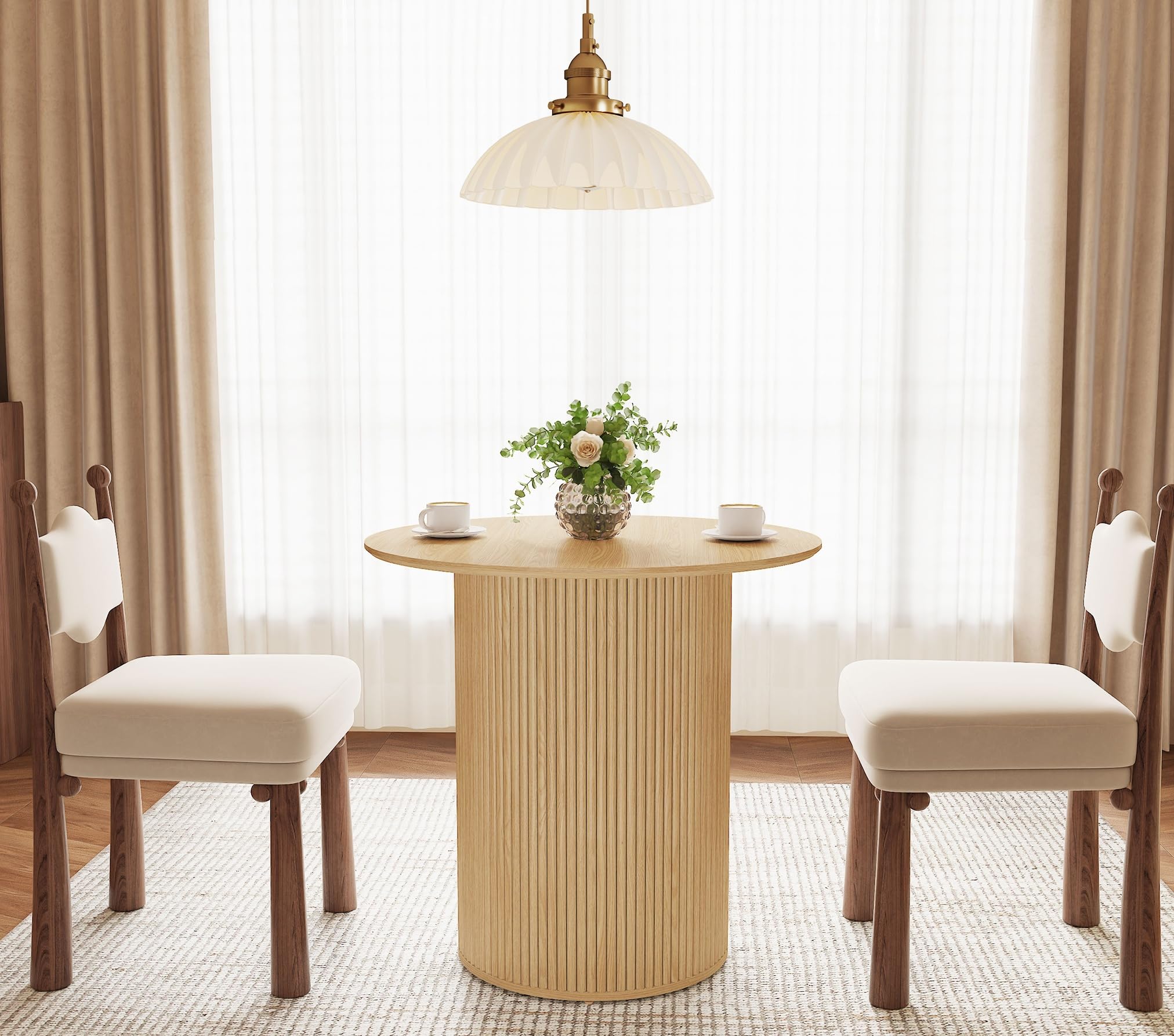 RUSTYER 31.5 inch Round Dining Table for 2, Farmhouse Wood Fluted Dinner Table Round Kitchen Table with Wood Fluted Base, Mid-Century Modern Small