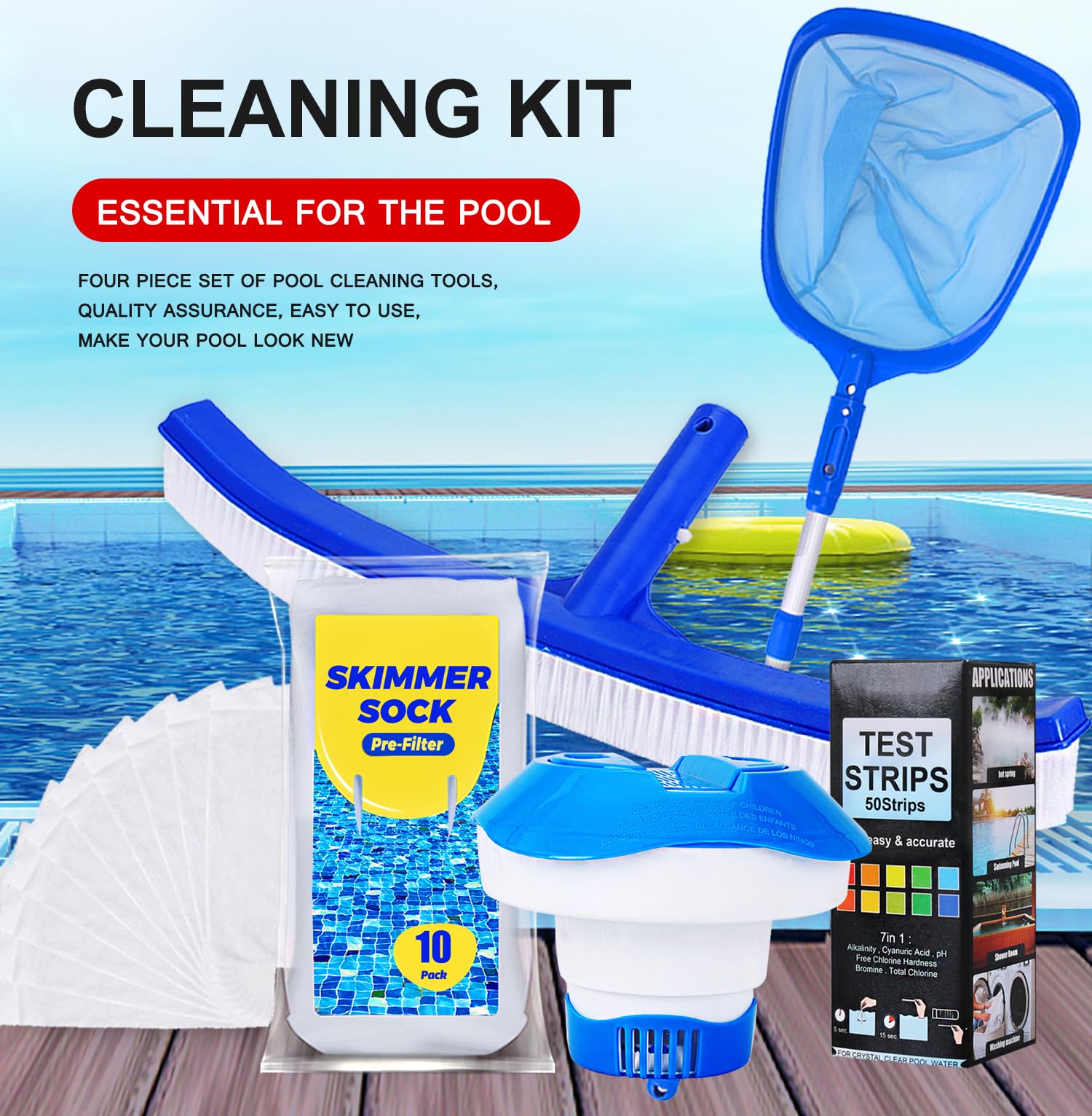 WISHDIAM 6 PCS Pool Cleaning Kit Contain Pool Net with Pole, Swimming Pool Brush, Chlorine Floater, Pool Skimmer Socks, Pool Test Strips
