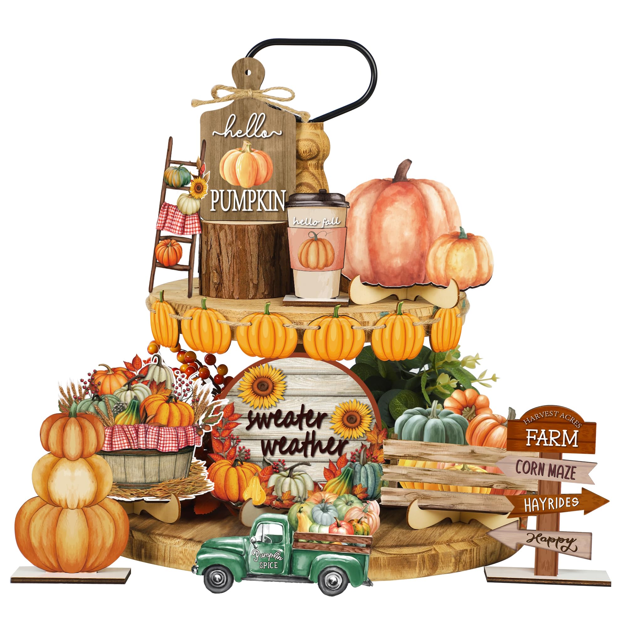 Augisteen 16 Pcs Fall Tiered Tray Decor Rustic Pumpkin Truck Wood Sign Farmhouse Tiered Tray Decoration Autumn Pumpkin Wooden Tabletop Signs for Fall Thanksgiving Home Table Decorations