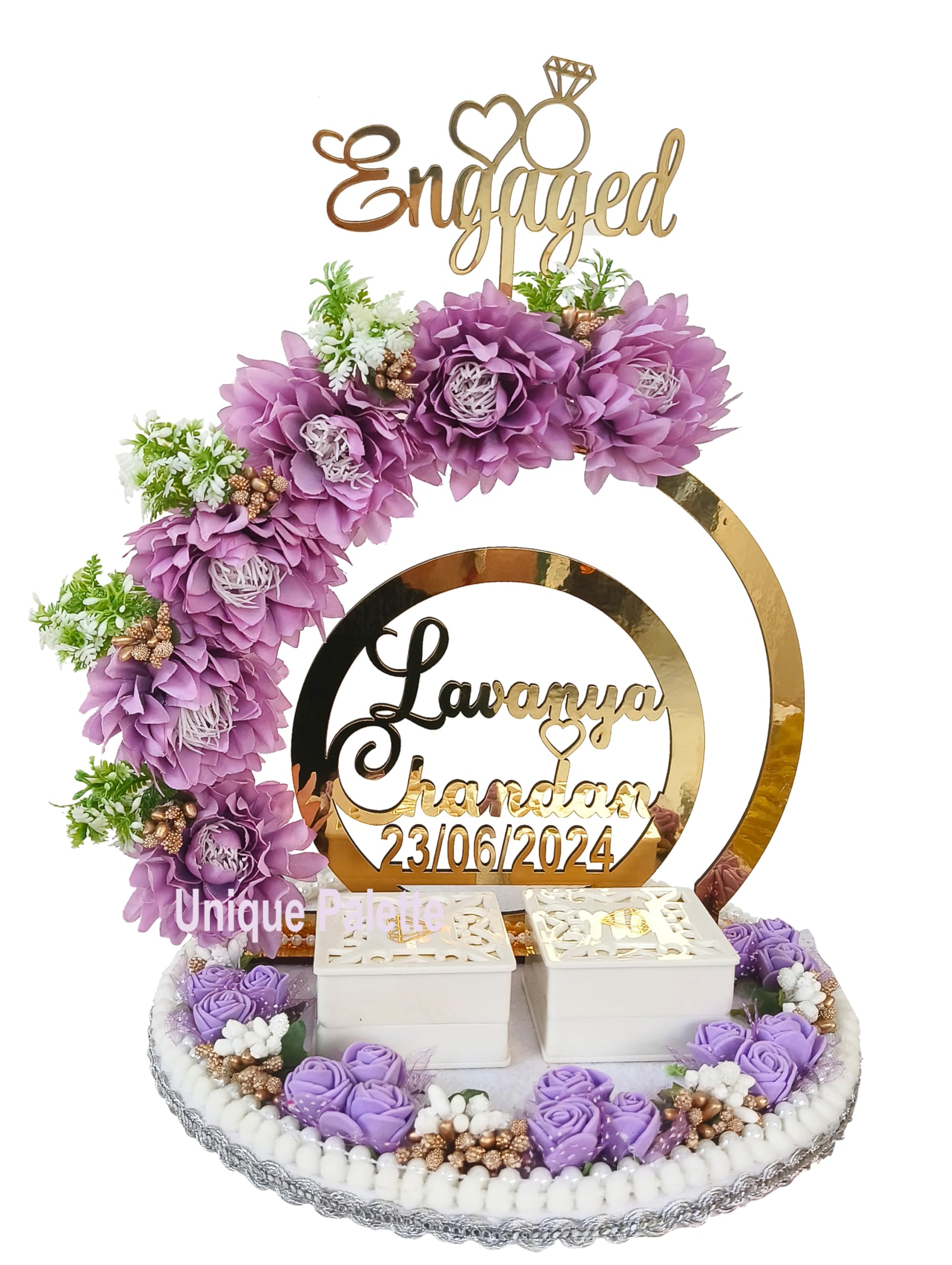 Unique Palette Beautiful Engagement Ring Platter, 10x10x13 inch, 2 Detachable Ring Boxes, Purple Theme with White Base, Artificial Flowers, Customizable Name and Ceremony Date (B0DFV3DWRV) Amazon Price History, Amazon Price Tracker